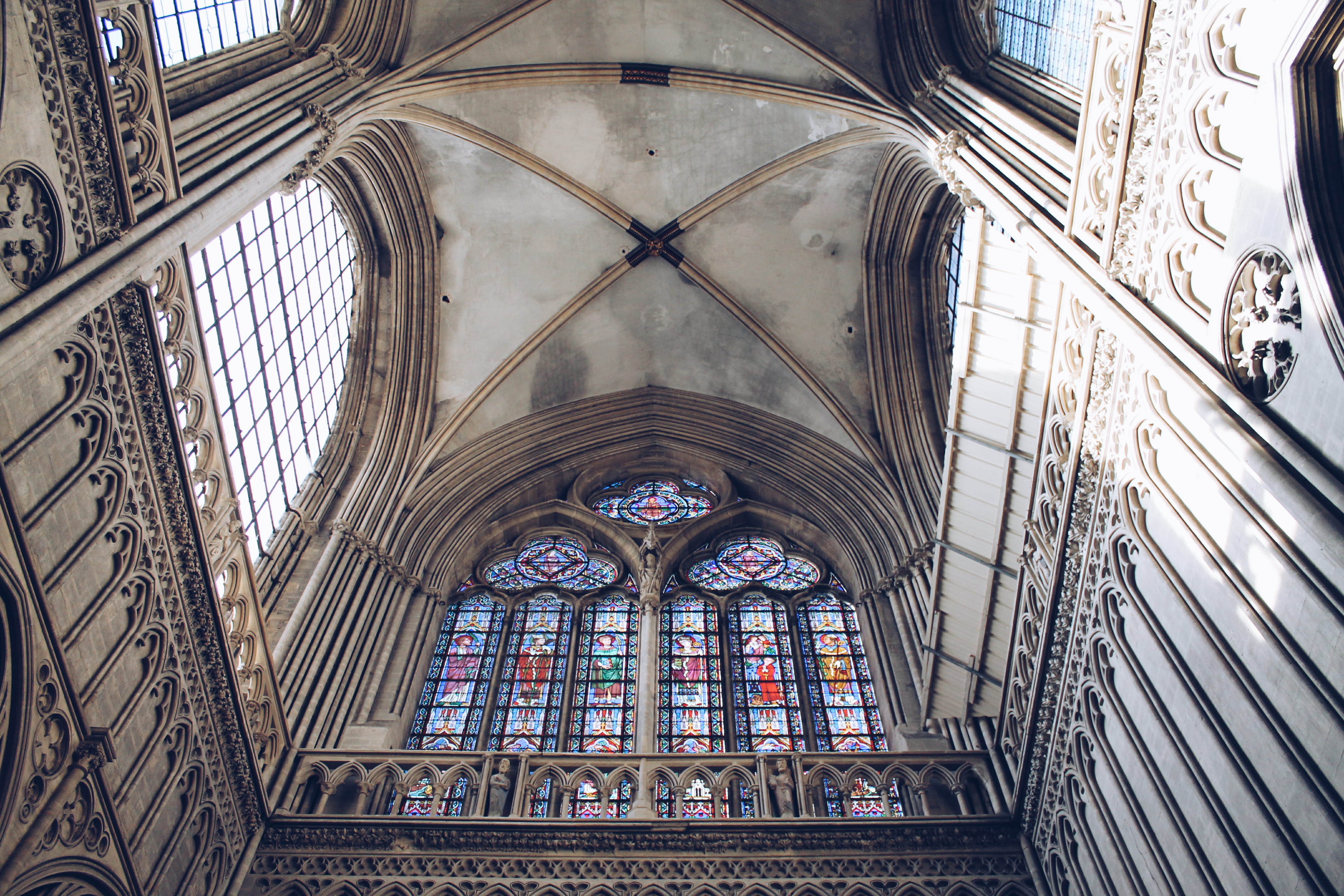 church, place of worship, spirituality, top, building exterior, france, glass - material, low angle view, window, built structure, ceiling, cathedrale notre dame de bayeux, HD Wallpaper