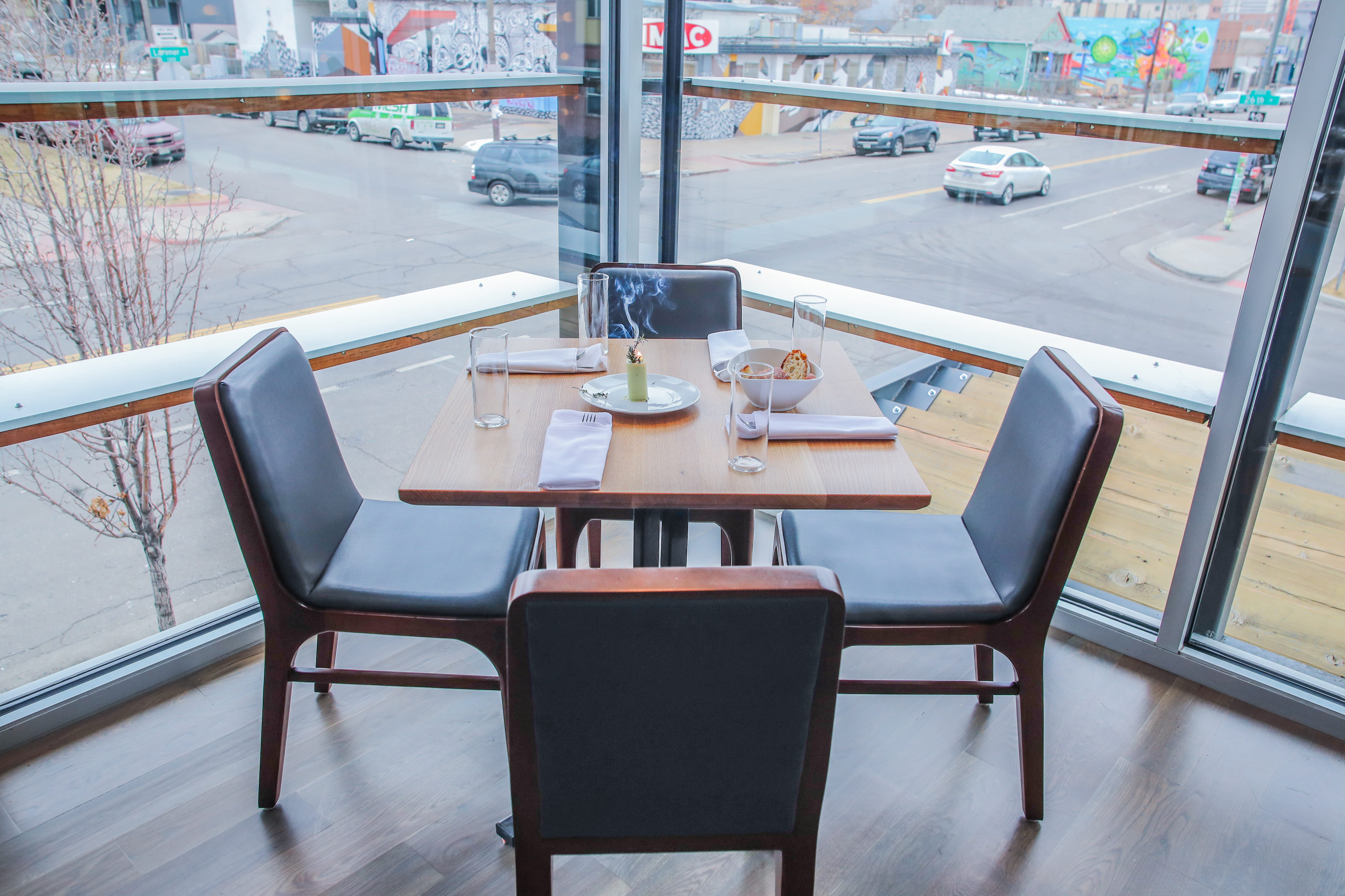 restaurant, seat, food, cow, day, indoors, railing, table, no people, candle, yum, united states, window, plate, cafe, high angle view, bread, denver, resturant, HD Wallpaper
