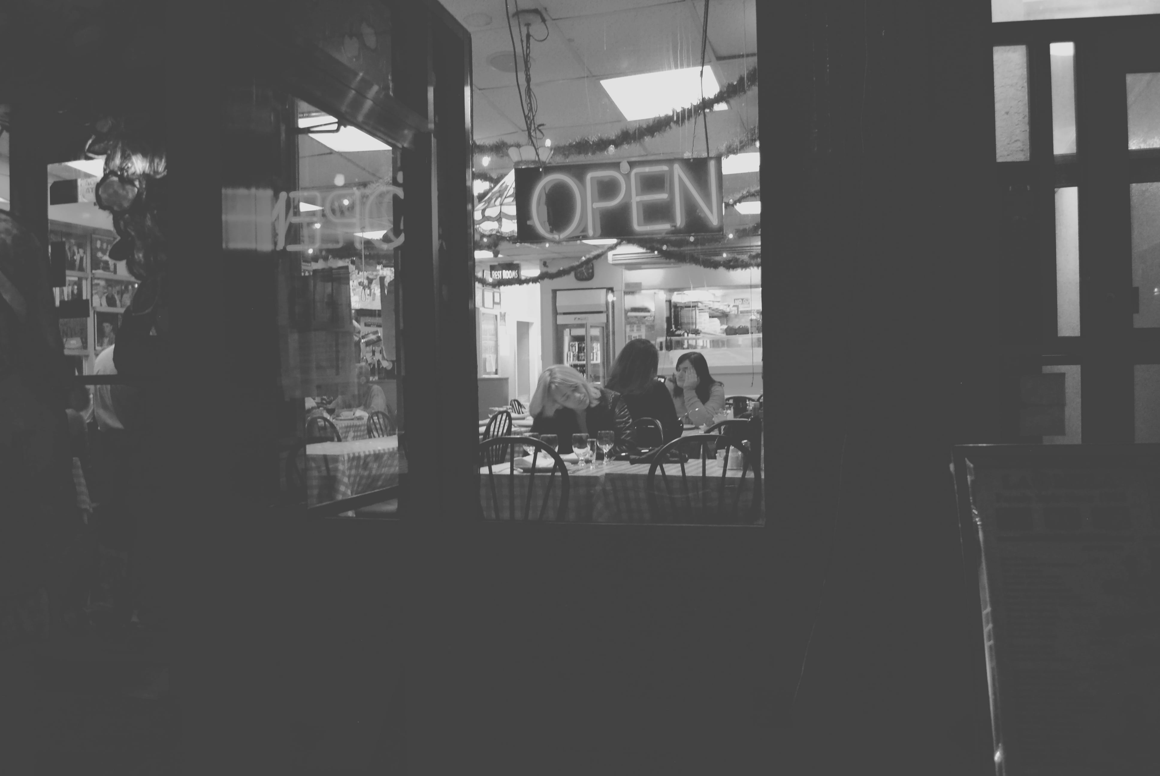 group of people, black and white, photo, restaurant, no people, open, day, real people, city, standing, store, adult, lifestyles, men, gray, two, scale, HD Wallpaper