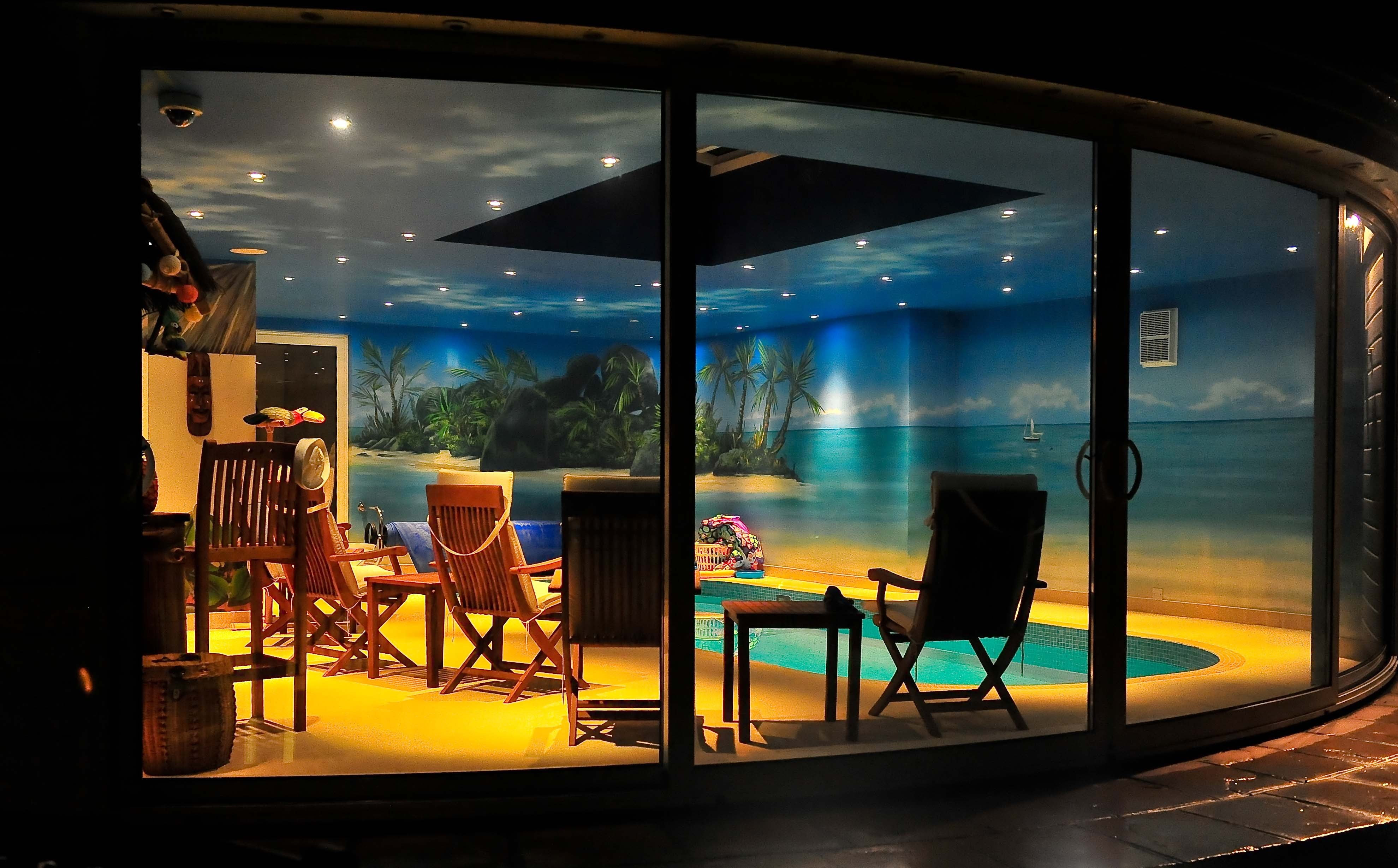 house, business, night, illuminated, brown, glass - material, seat, transparent, pool at night, entrance, 4K, table, design, Villa, lighting equipment, HD Wallpaper