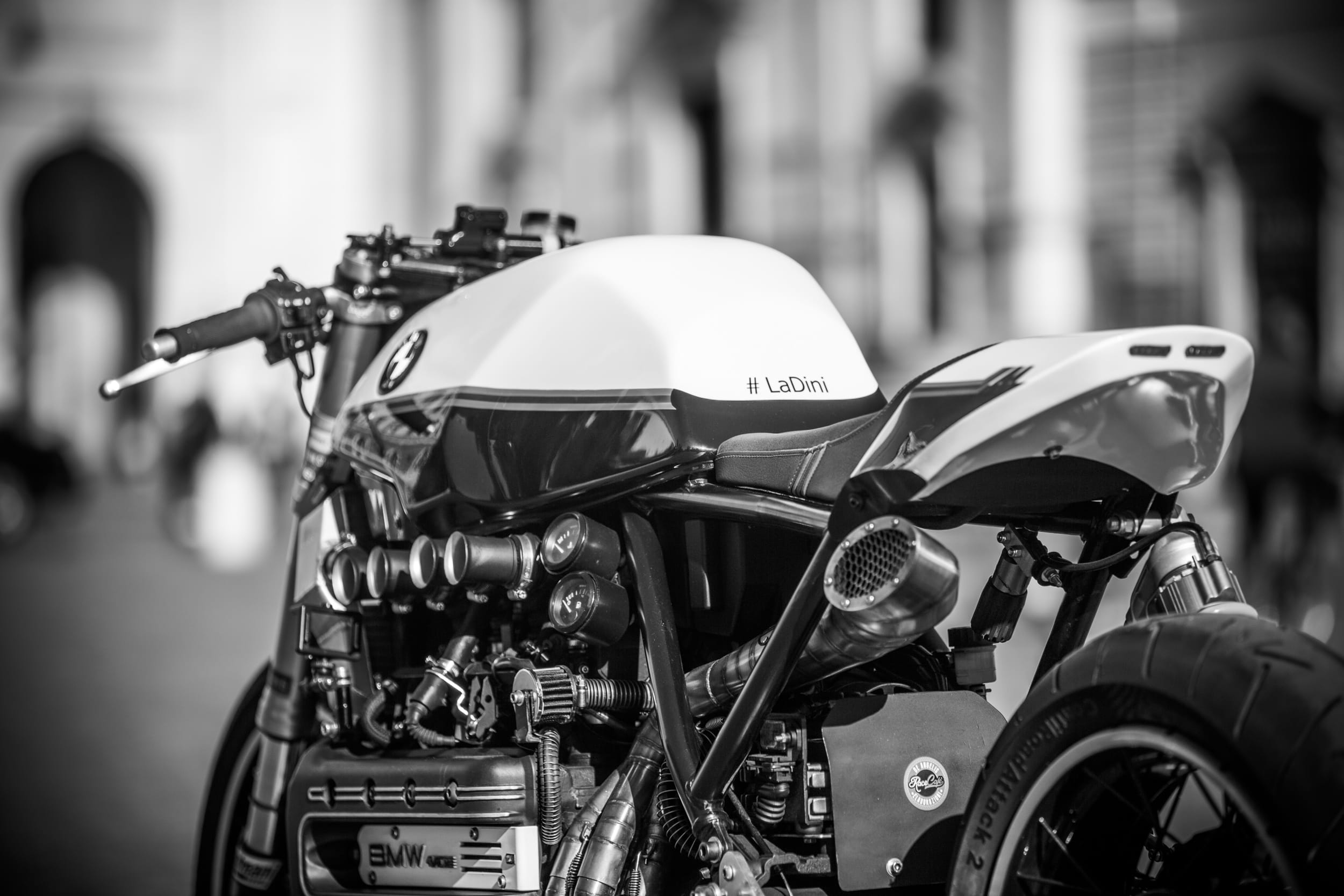 bicycle, wheels, selective focus, biker, photography, grayscale, street, headwear, design, 1080P, architecture, transportation, bmw, focus on foreground, HD Wallpaper