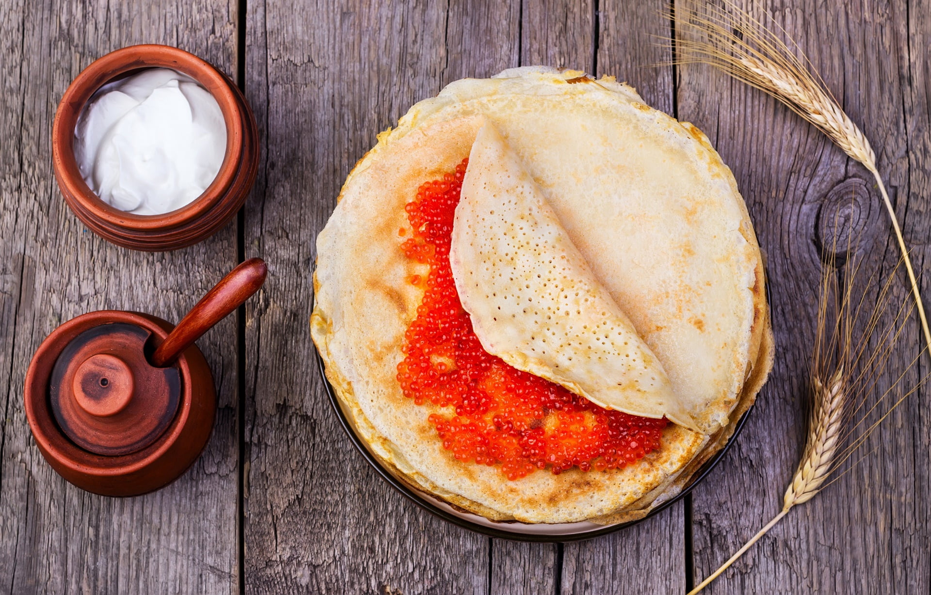 food, 1080P, wheat, still life, caviar, pancakes, wooden surface, crepes, HD Wallpaper