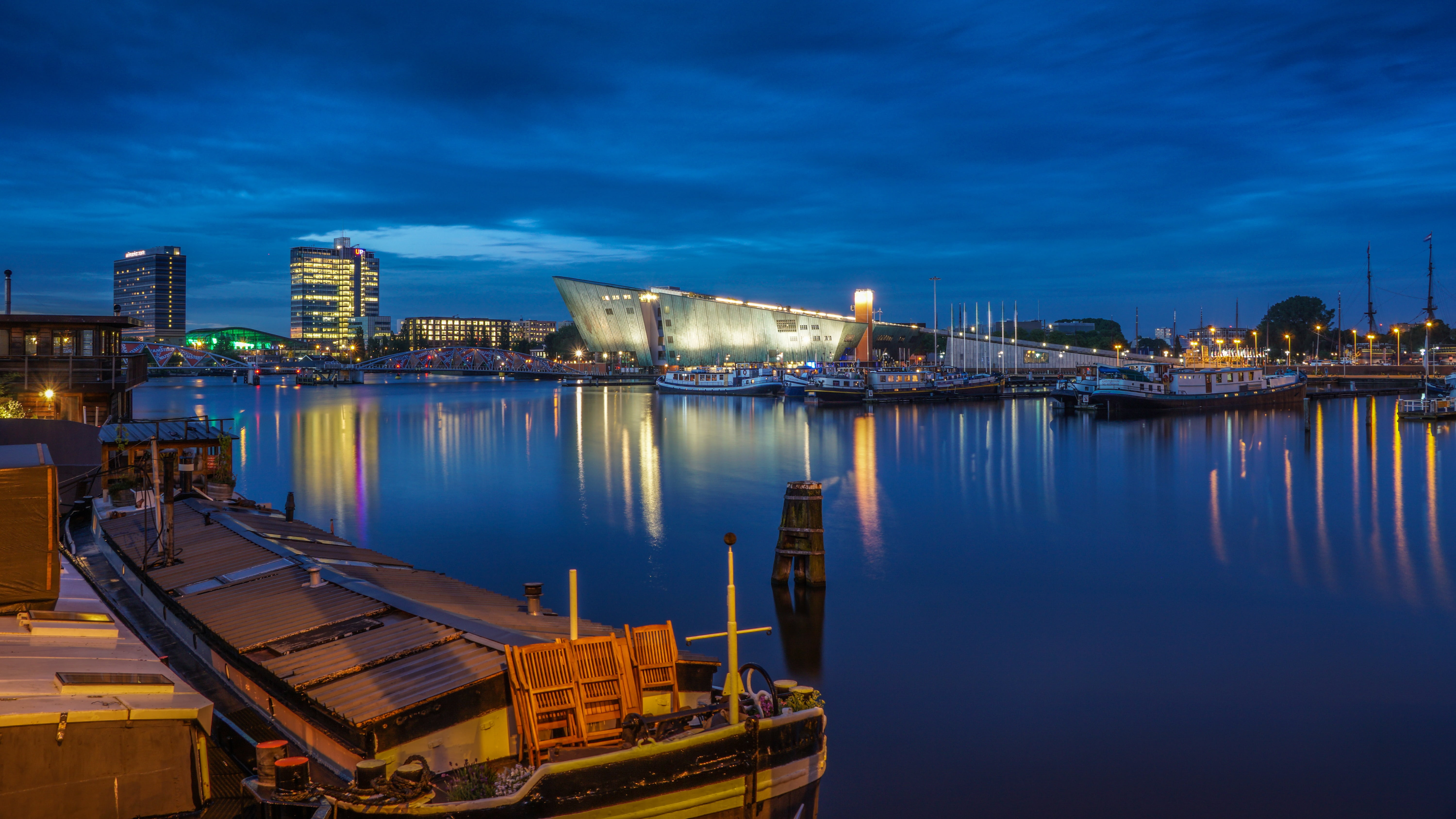 industry, canals, office building exterior, coffee shop, no people, mirroring, water, amsterdam, bike, ship, built structure, night, waterway, waer, outdoors, HD Wallpaper