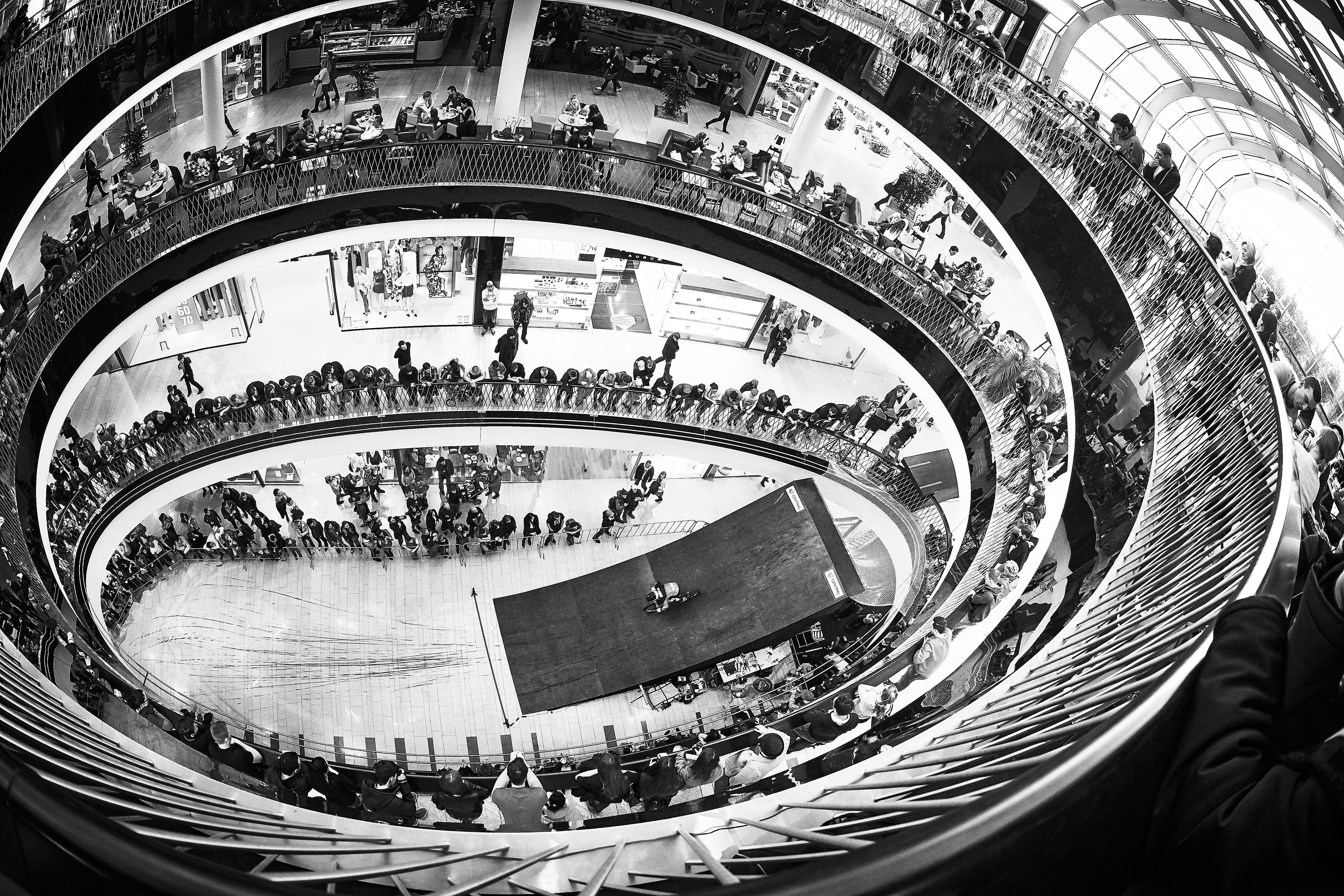 fish-eye lens, travel, black and white, nature, building, tourism, sports, group of people, oc central, event, 5K, real people, people, building exterior, HD Wallpaper