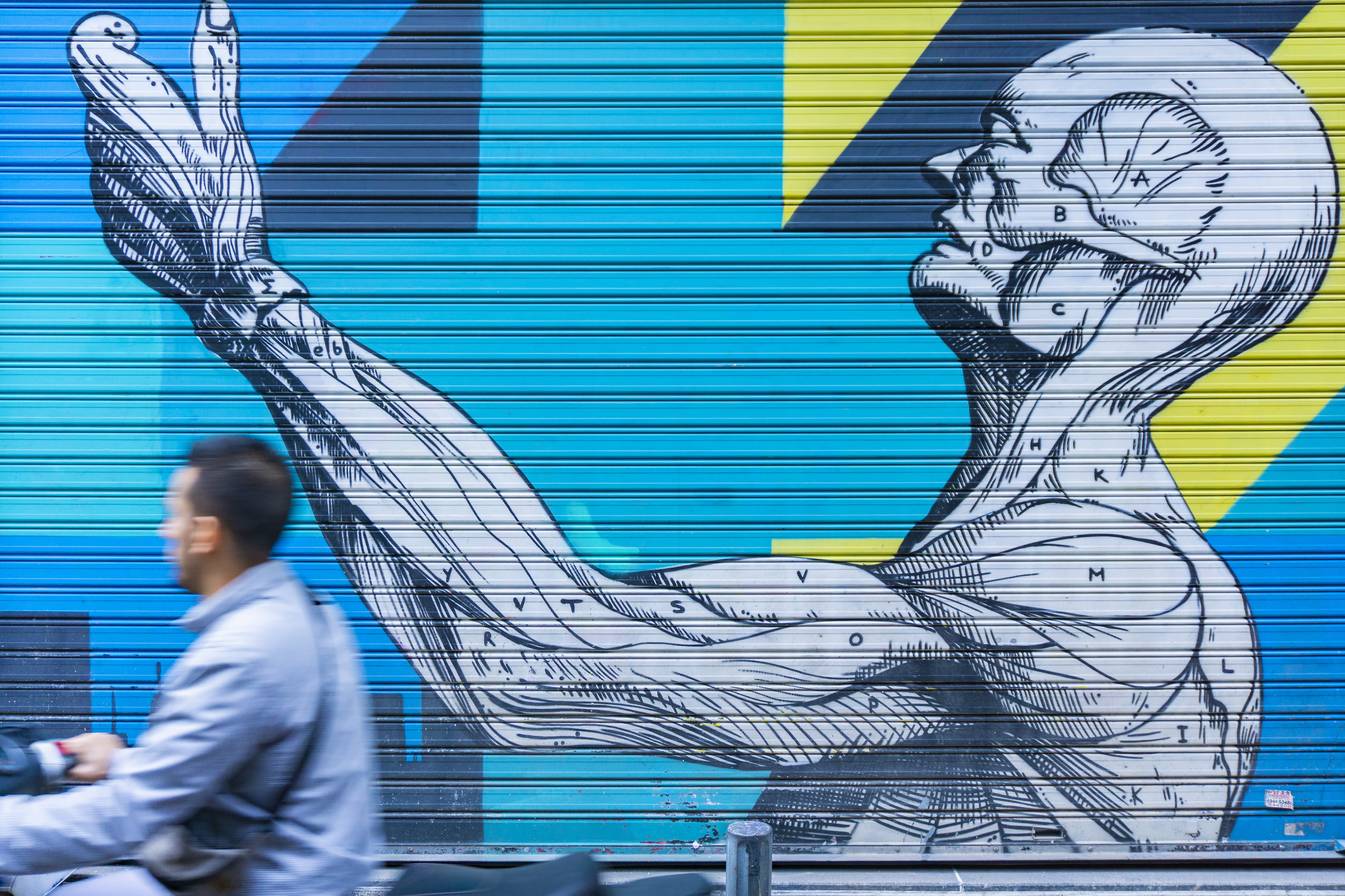 greece, creativity, wall, people, built structure, closed, drawing, city, human, bike, man, day, art, businessman, males, business, facade, 5K, corporate business, HD Wallpaper