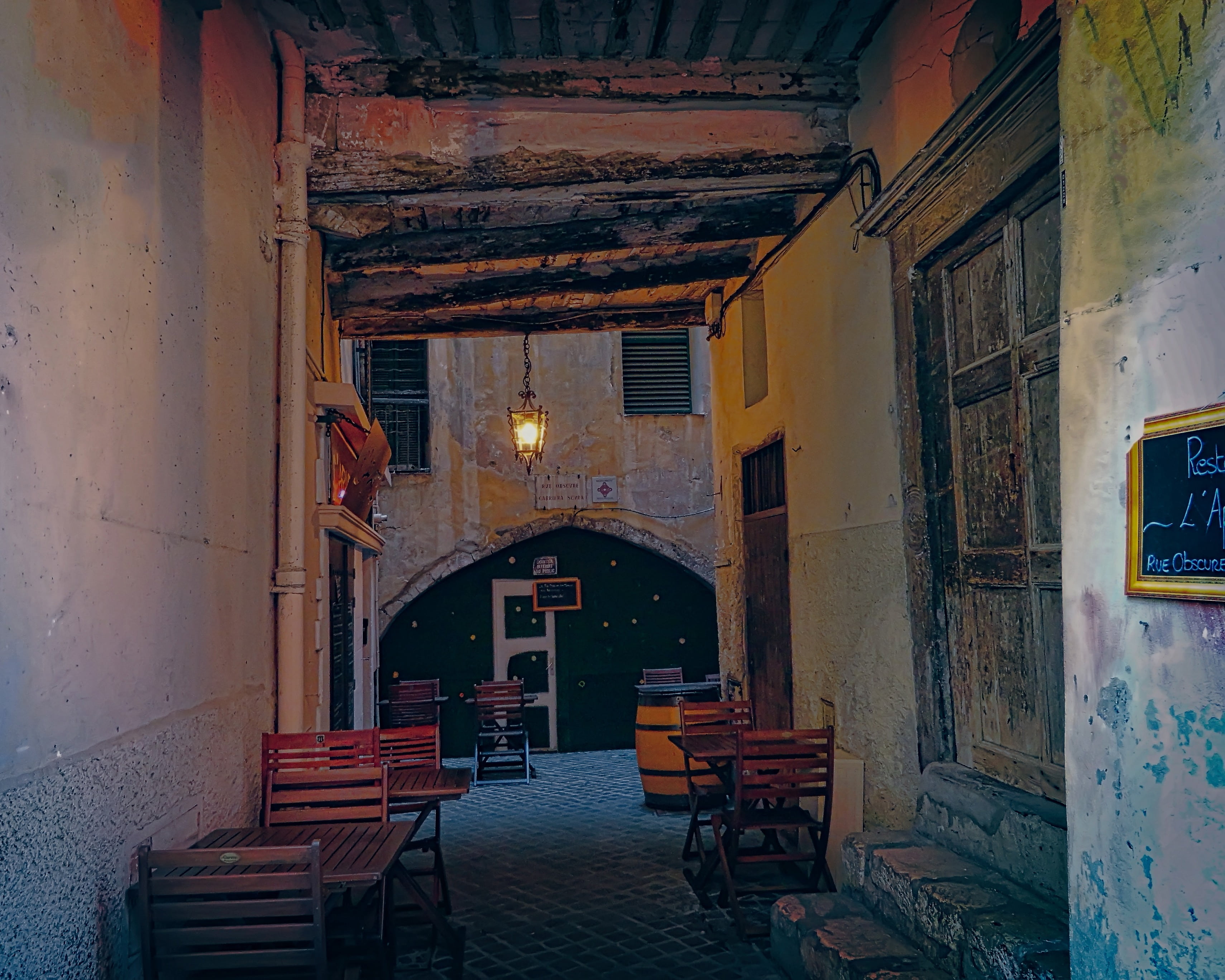 bench, architecture, café, history, cote dazur, empty, arch, no people, european, mediterranean, buildings, seat, restaurant, old, indoors, table, door, HD Wallpaper