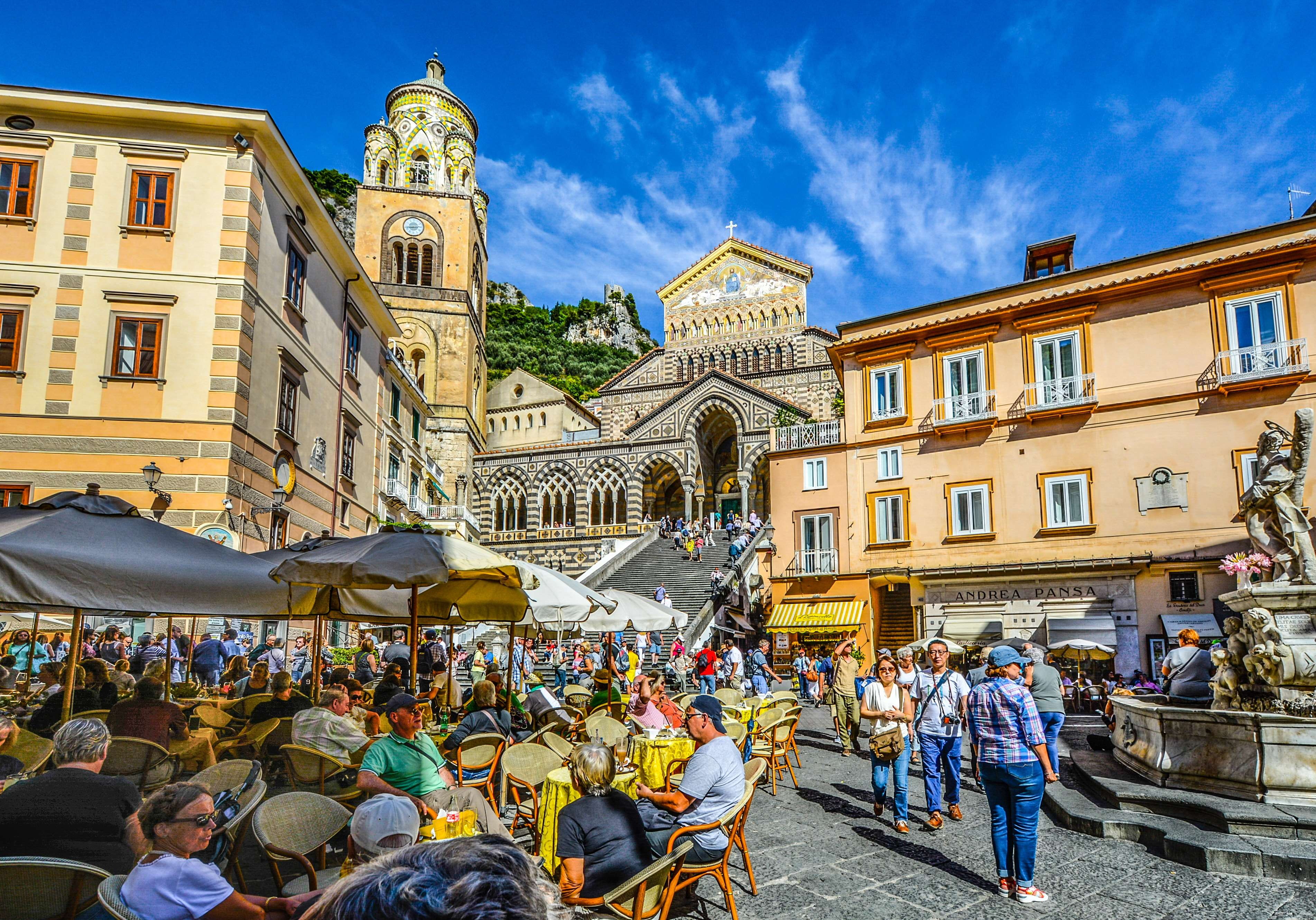 adult, building, cathedral, european, umbrellas, coast, street, tour, 2K, tourists, architecture, caf, europe, business, chairs, nature, amalfi, travel, HD Wallpaper