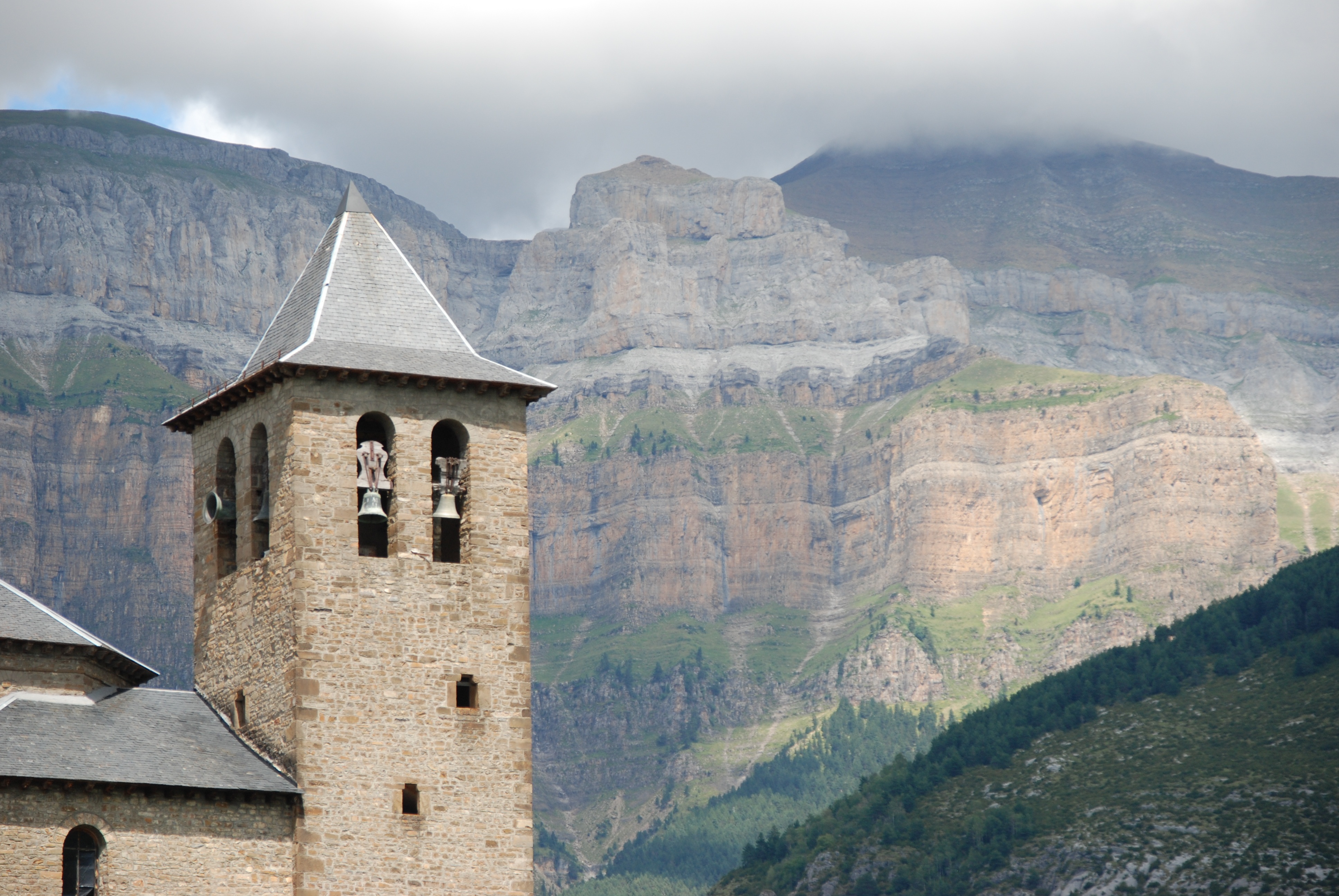 beauty in nature, sky, travel, the past, 4K, tower, mountain range, building, mountain, outdoors, pyrenees, scenics - nature, day, no people, church tower, HD Wallpaper