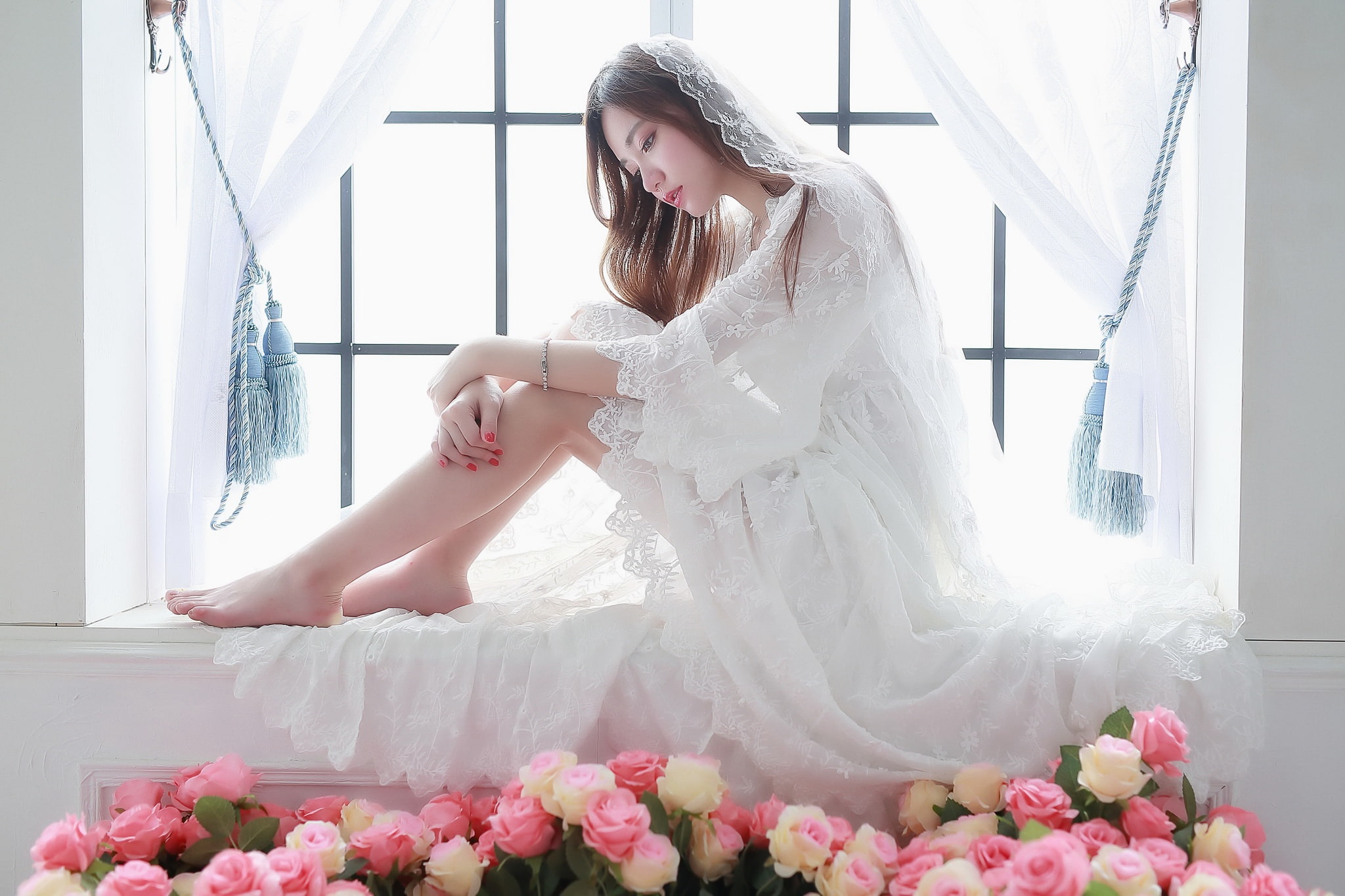 women, Asian, 1080P, window, flowers, sitting, barefoot, HD Wallpaper