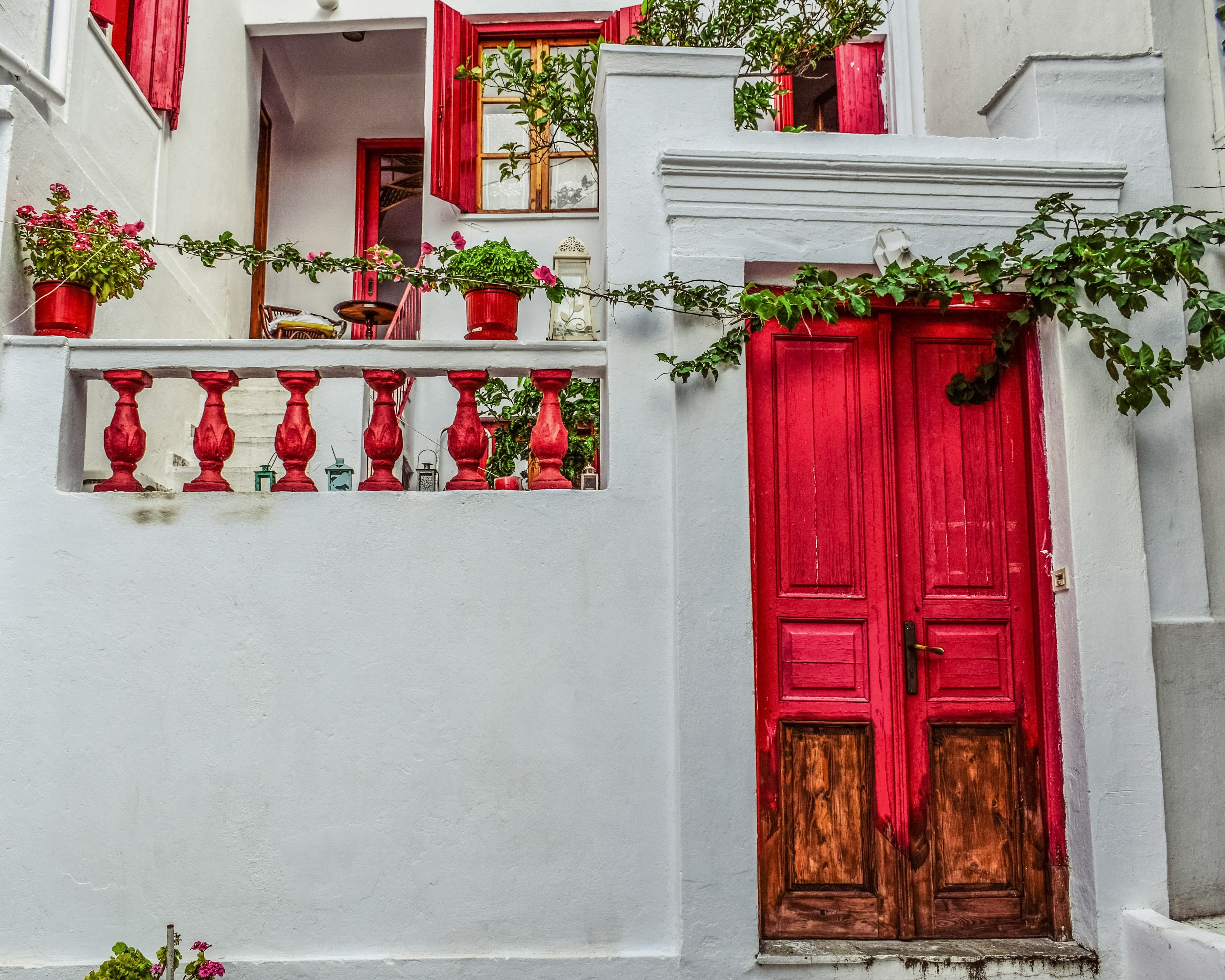 building exterior, no people, window box, flower, green, island, potted plant, residential district, door, greek, concrete, window, sporades, built structure, HD Wallpaper
