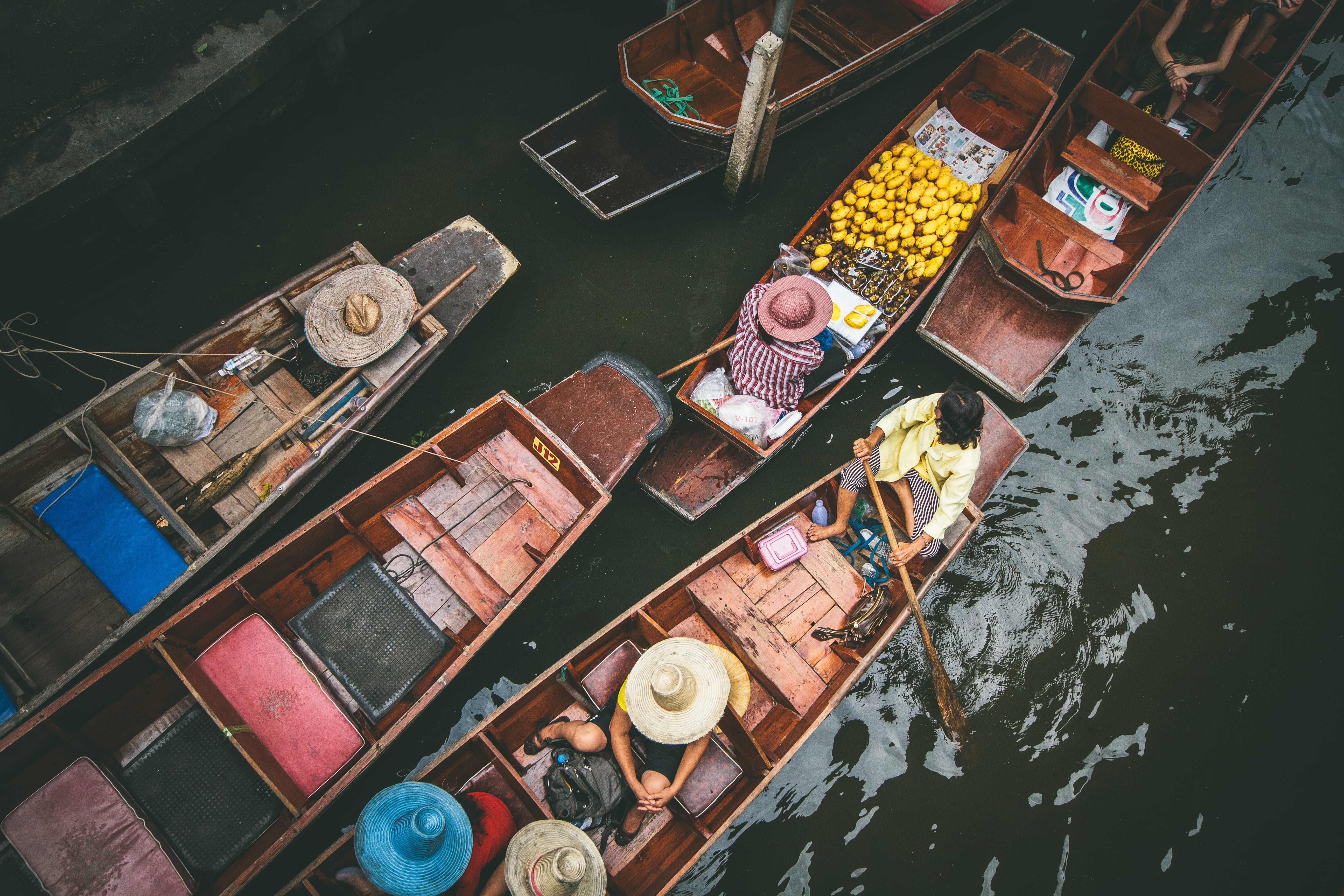 boat, brown, high angle view, occupation, daytime, transportation, retail, choice, river, one person, selling, architecture, photo, wooden, business, water, HD Wallpaper
