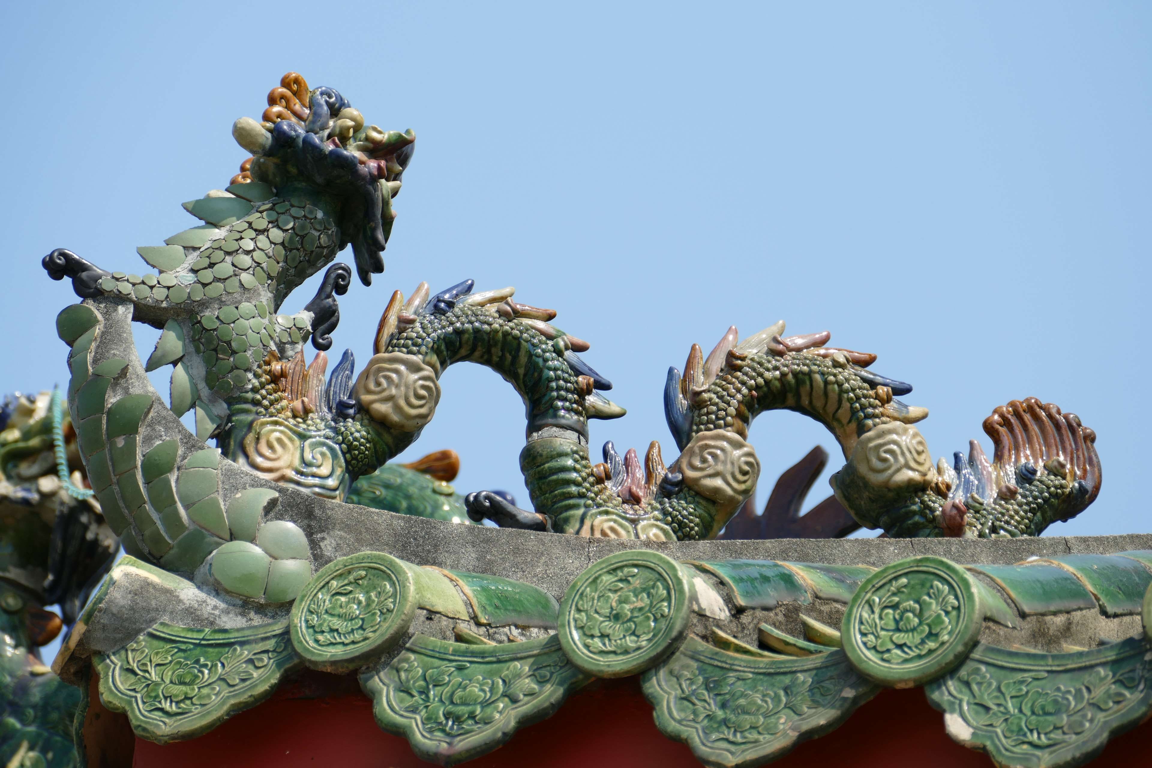 representation, clear sky, roof, chinese dragon, unesco world heritage, dragon, ornate, nature, religion, unesco world heritage site, vietnam, 4K, human representation, HD Wallpaper