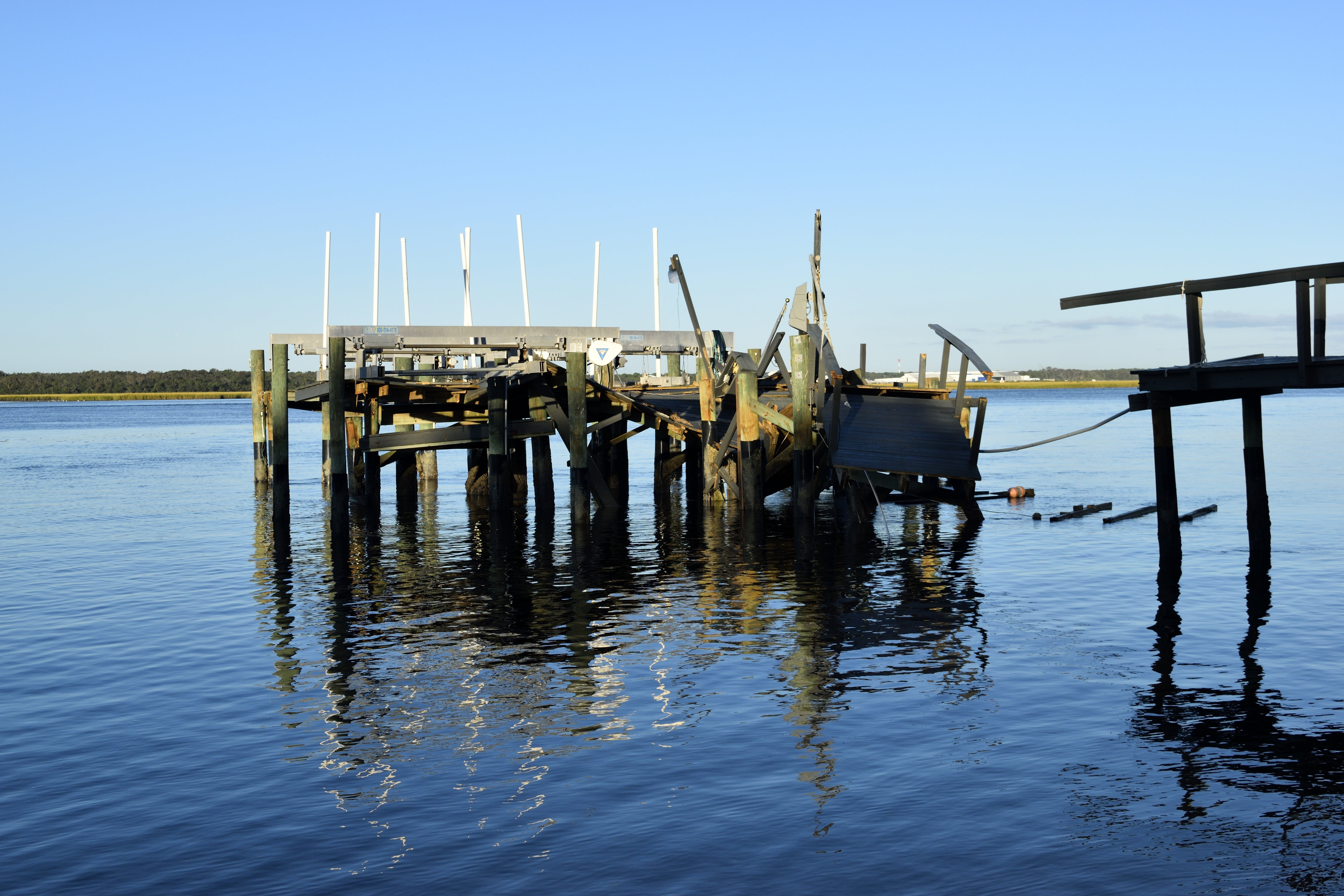 dock, damage, insurance, obsolete, ruined, mode of transportation, debris, hurricane matthew, water, pier, copy space, coastline, deterioration, st augustine, HD Wallpaper