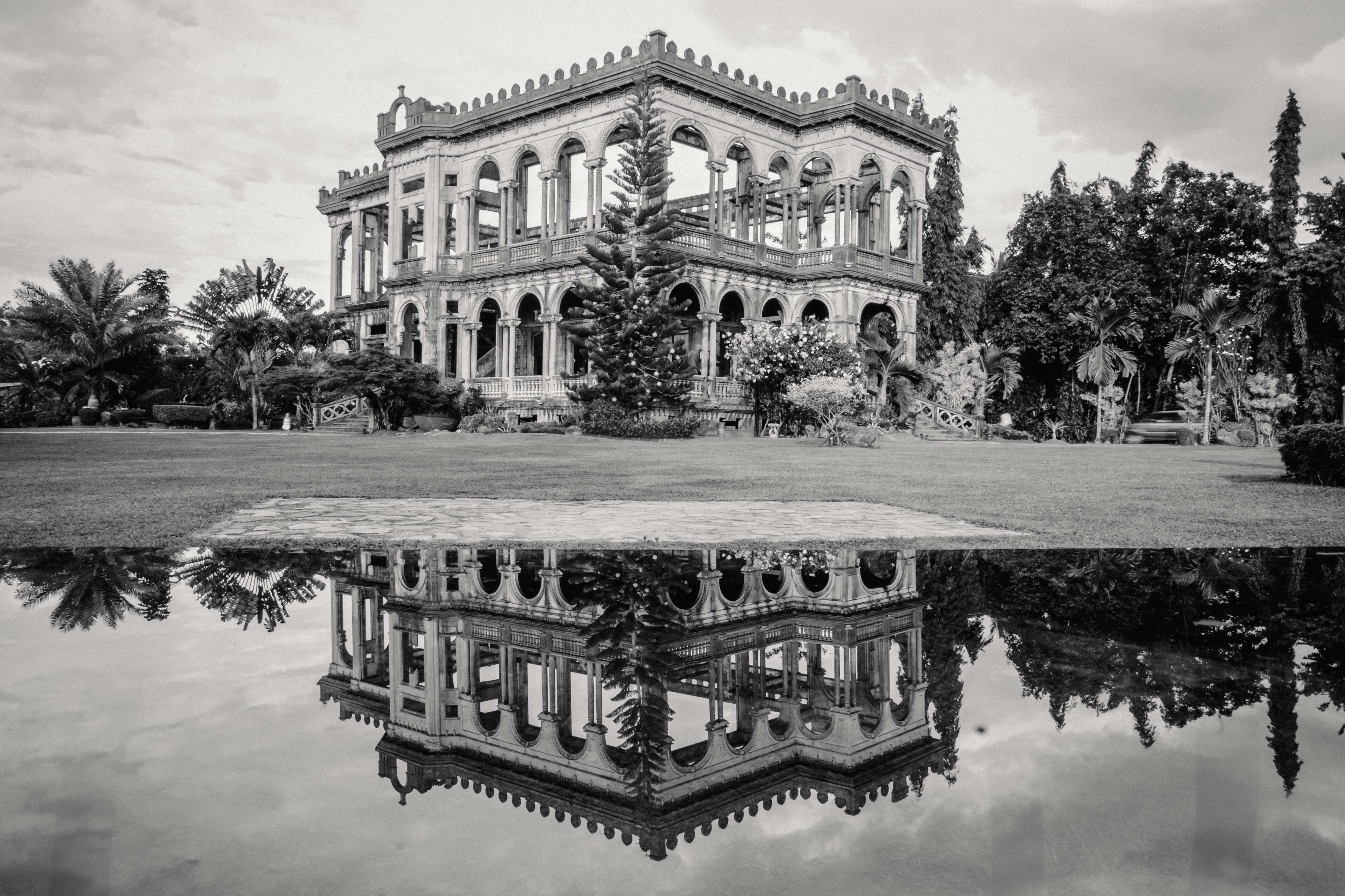 field, plant, tourism, building, tree, Philippines, ornate, architecture, reflection, travel, reflecting pool, abandoned, grass, film grain, city, nature, HD Wallpaper