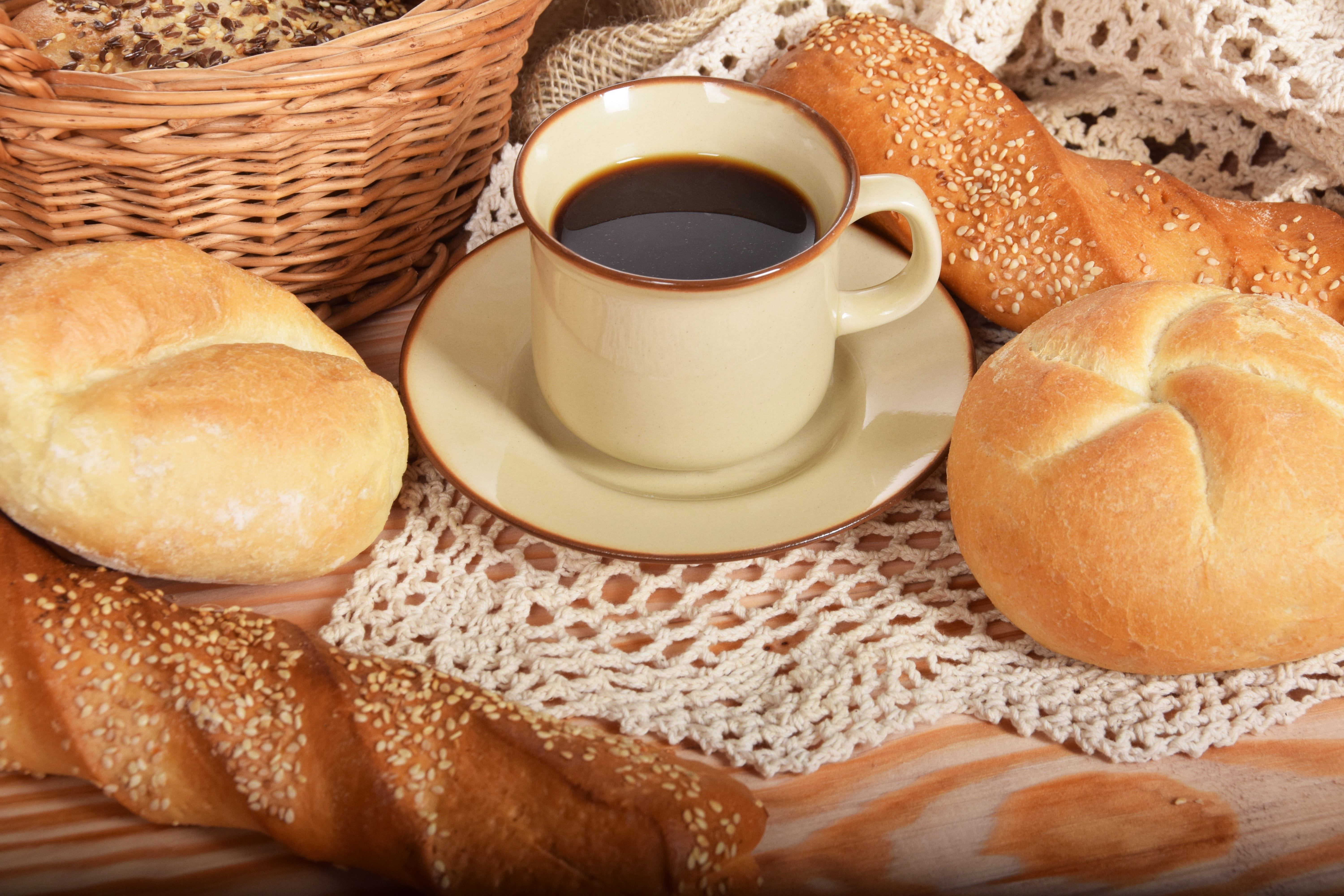 pastry, freshness, food, french food, drink, coffee - drink, tea cup, no people, crockery, healthy eating, bakery, Bread, table, 5K, white, breads, high angle view, HD Wallpaper