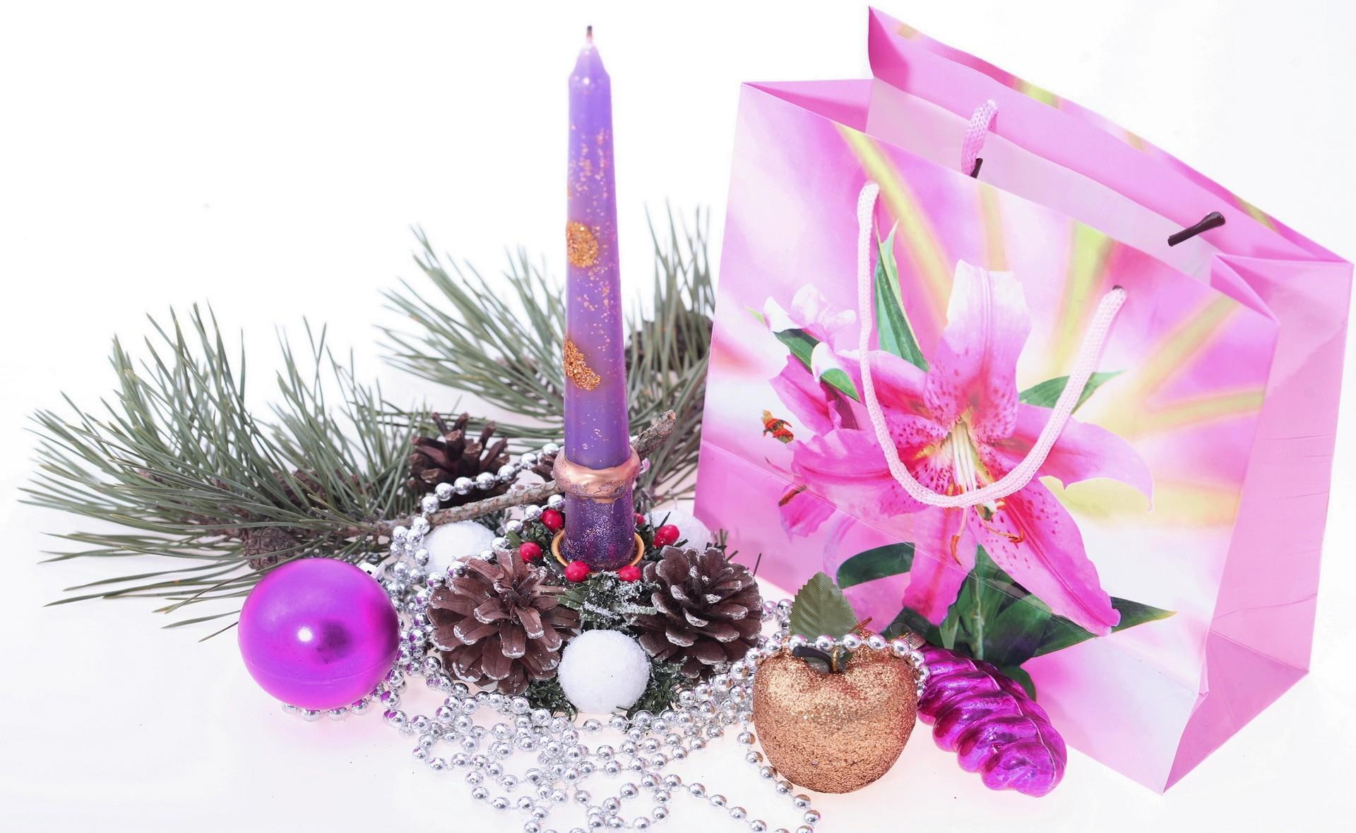 decorations, new year, gift, pine, christmas decorations, cones, stand, new, attributes, stick, year, purple, christmas, baubles, 1080P, candle, HD Wallpaper