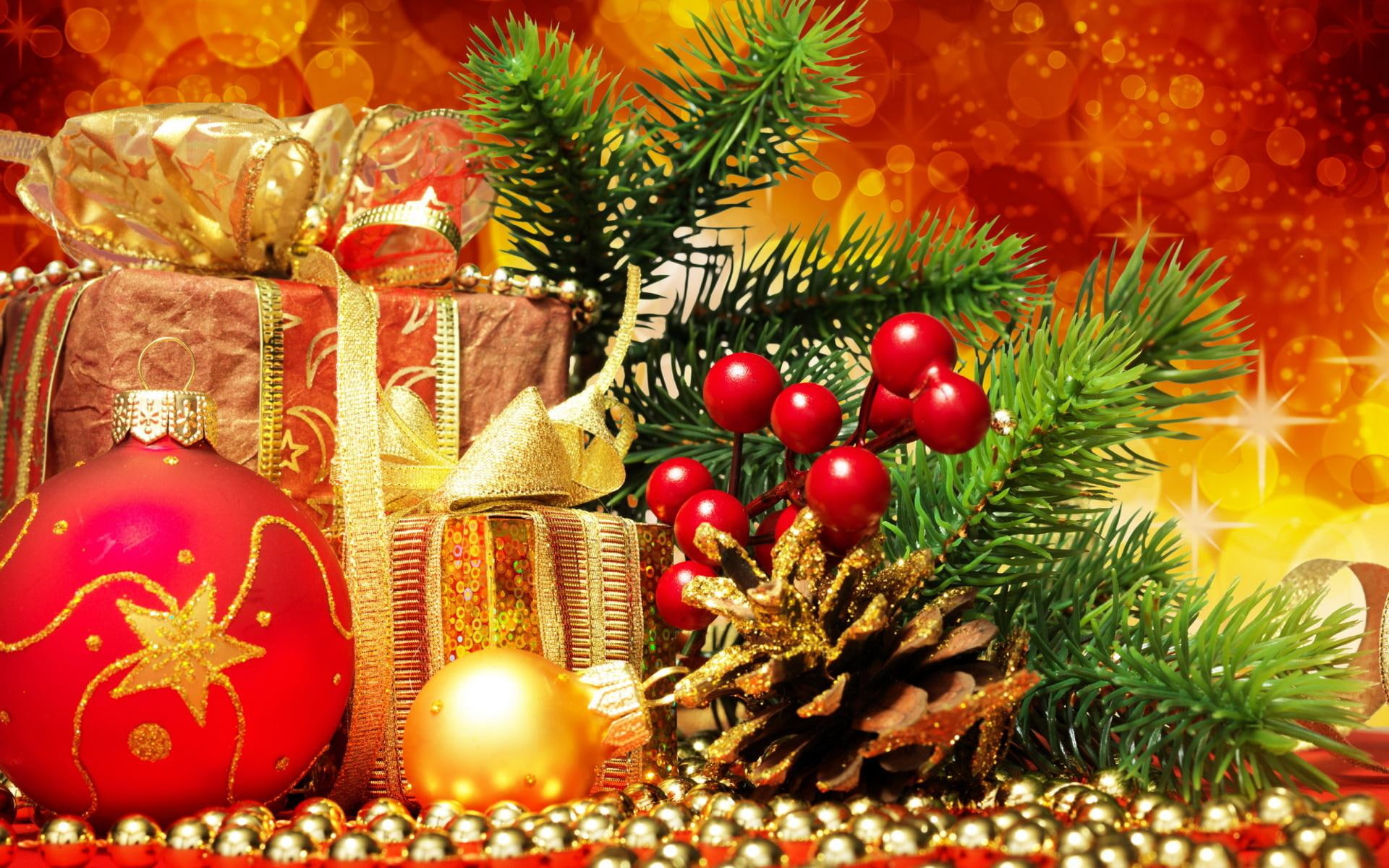 new, 1080P, christmas, attributes, tree, fur-tree, gifts, branch, new year, year, fur, HD Wallpaper