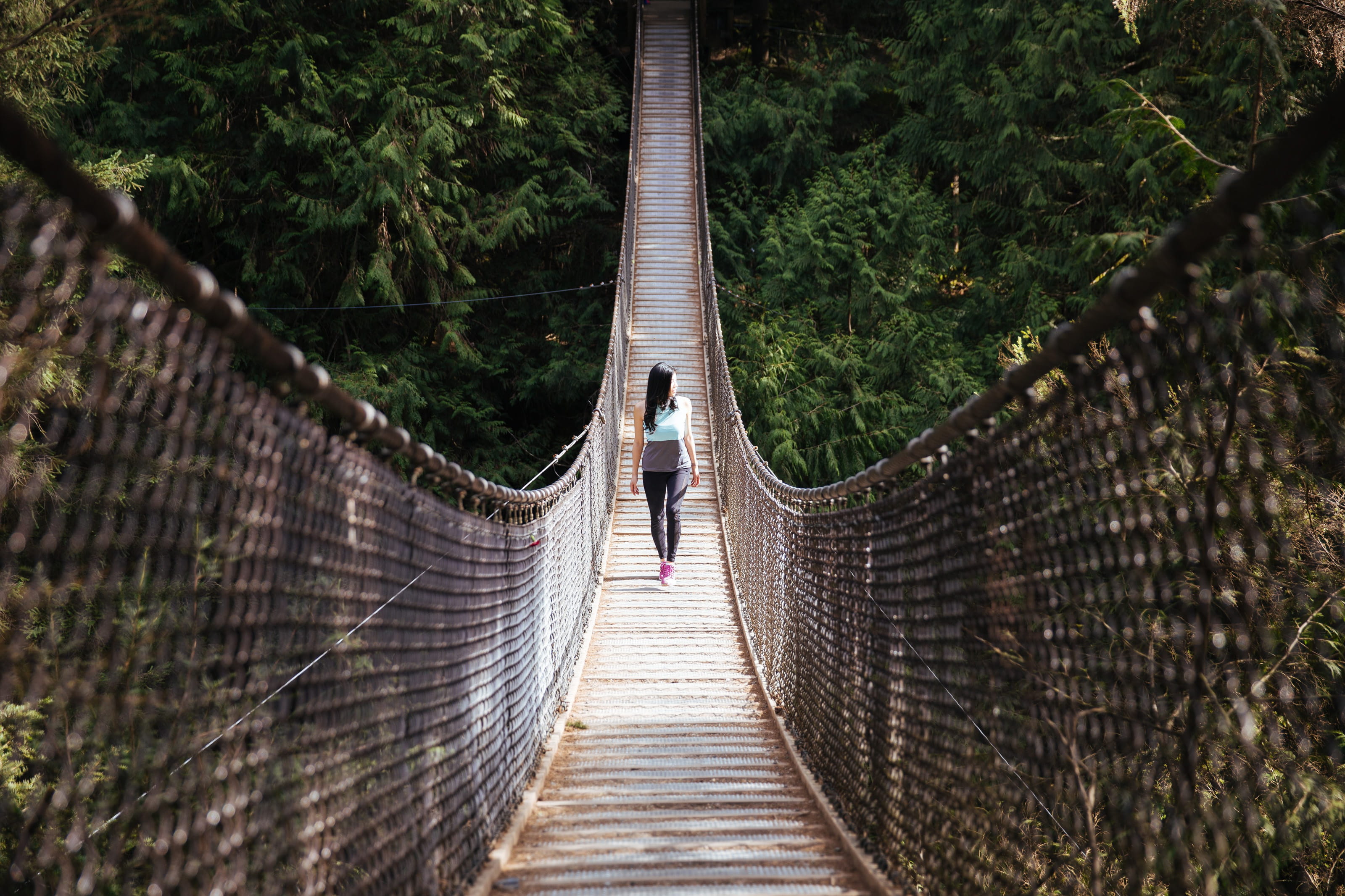 suspension bridge, the way forward, 2K, one person, rope bridge, leisure activity, landscape, outdoor, asian, forest, bridge, travel, style, built structure, HD Wallpaper