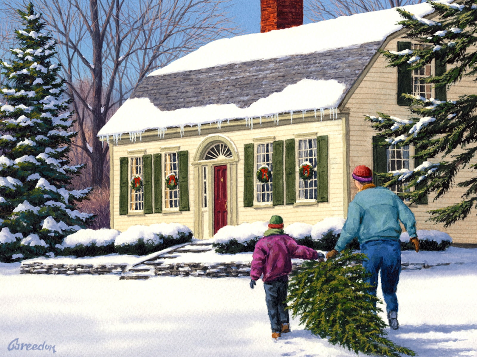 near, warm clothing, building, real people, frost, walking, family, building Exterior, season, man, architecture, outdoors, built structure, women, card, HD Wallpaper