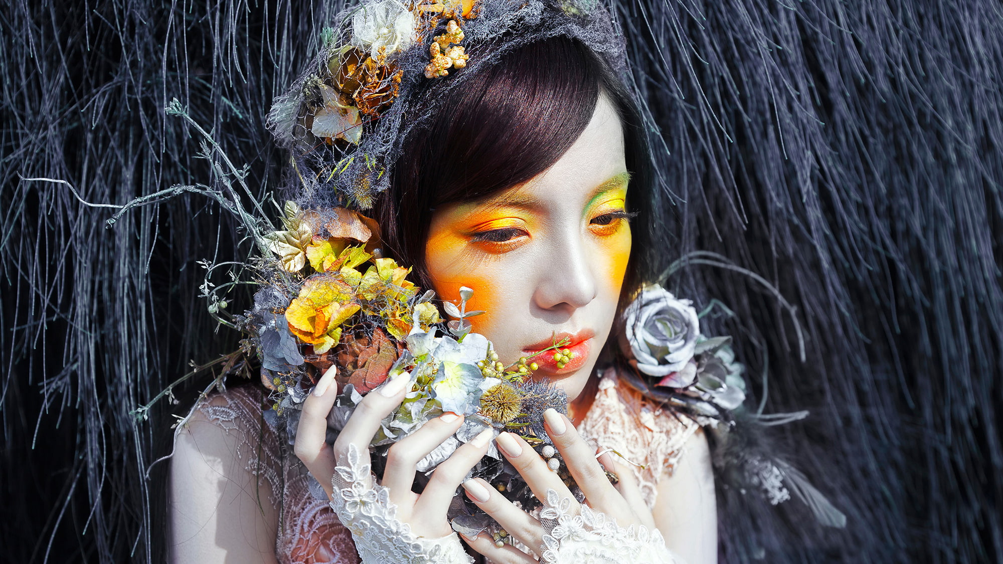 girl, flowers, fashion, makeup, fantasy, Lou Ann, colors, 1080P, HD Wallpaper
