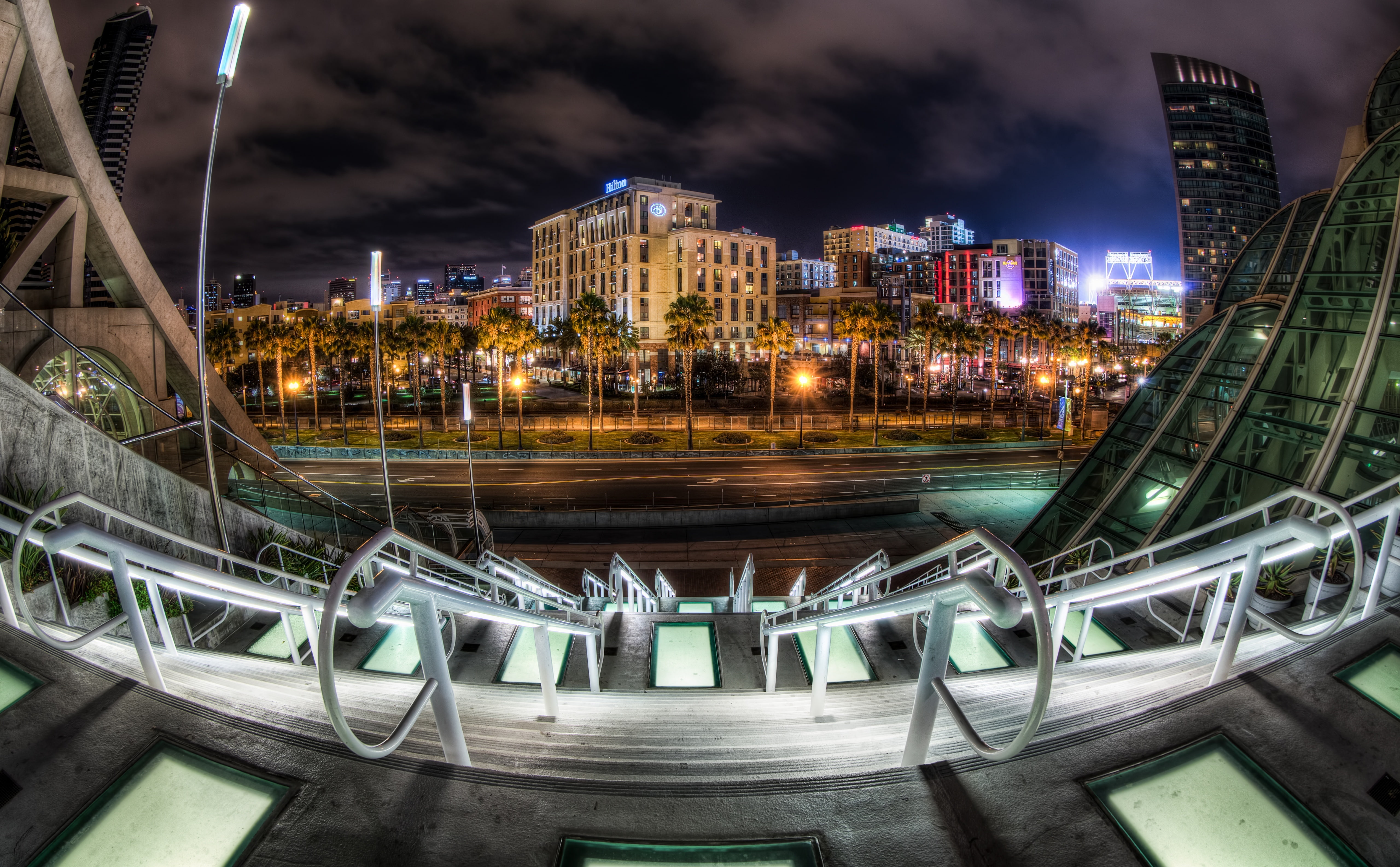connection, steps, cloud - sky, no people, city, outdoors, san diego convention center, transportation, san diego, Night, sky, bridge, 5K, Cityscape, bridge - man made structure, HD Wallpaper