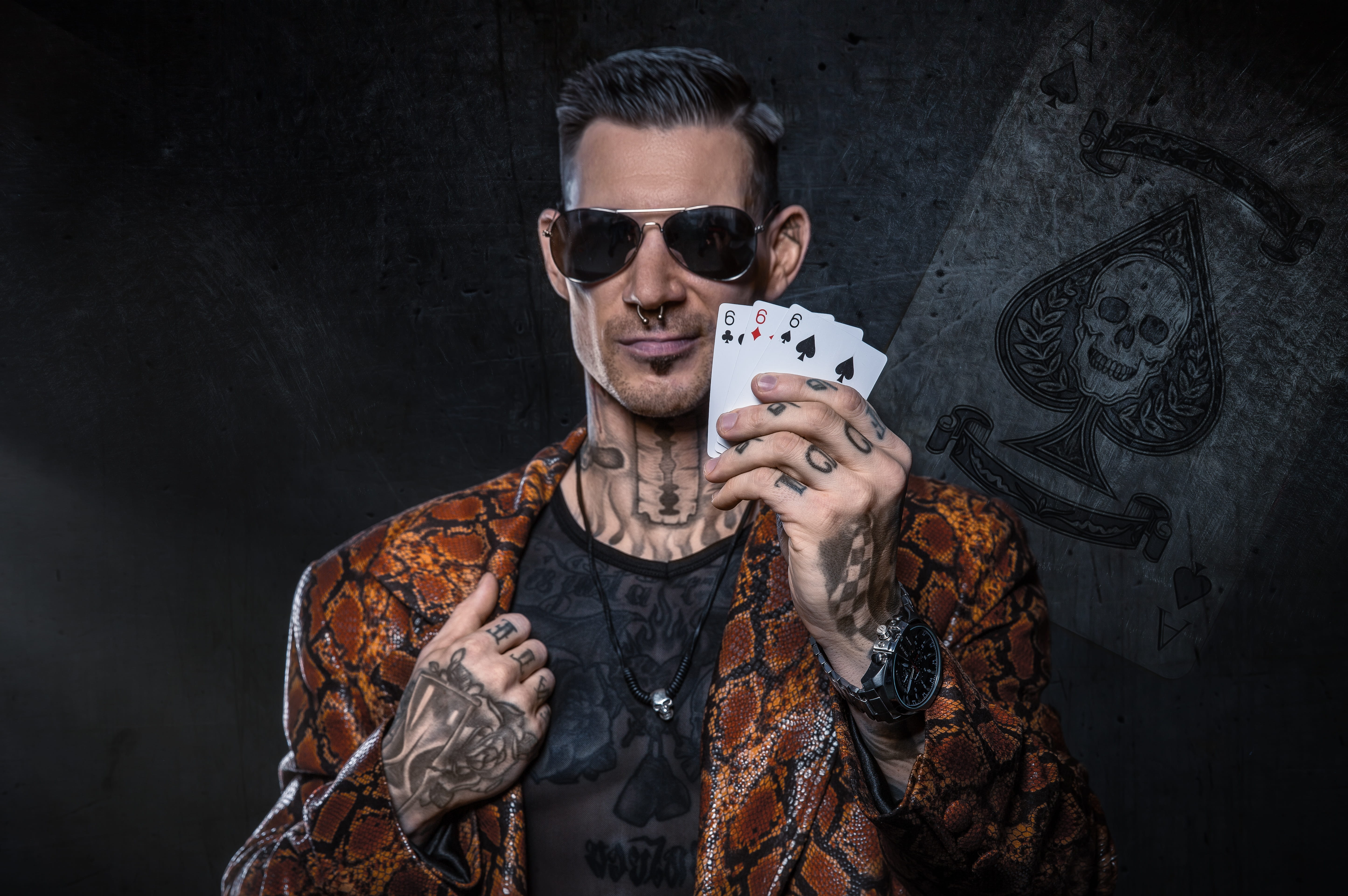 cards, waist up, self-conscious, 5K, indoors, arts culture and entertainment, hand, men, play, person, young, adult, sunglasses, human, adults, black background, HD Wallpaper