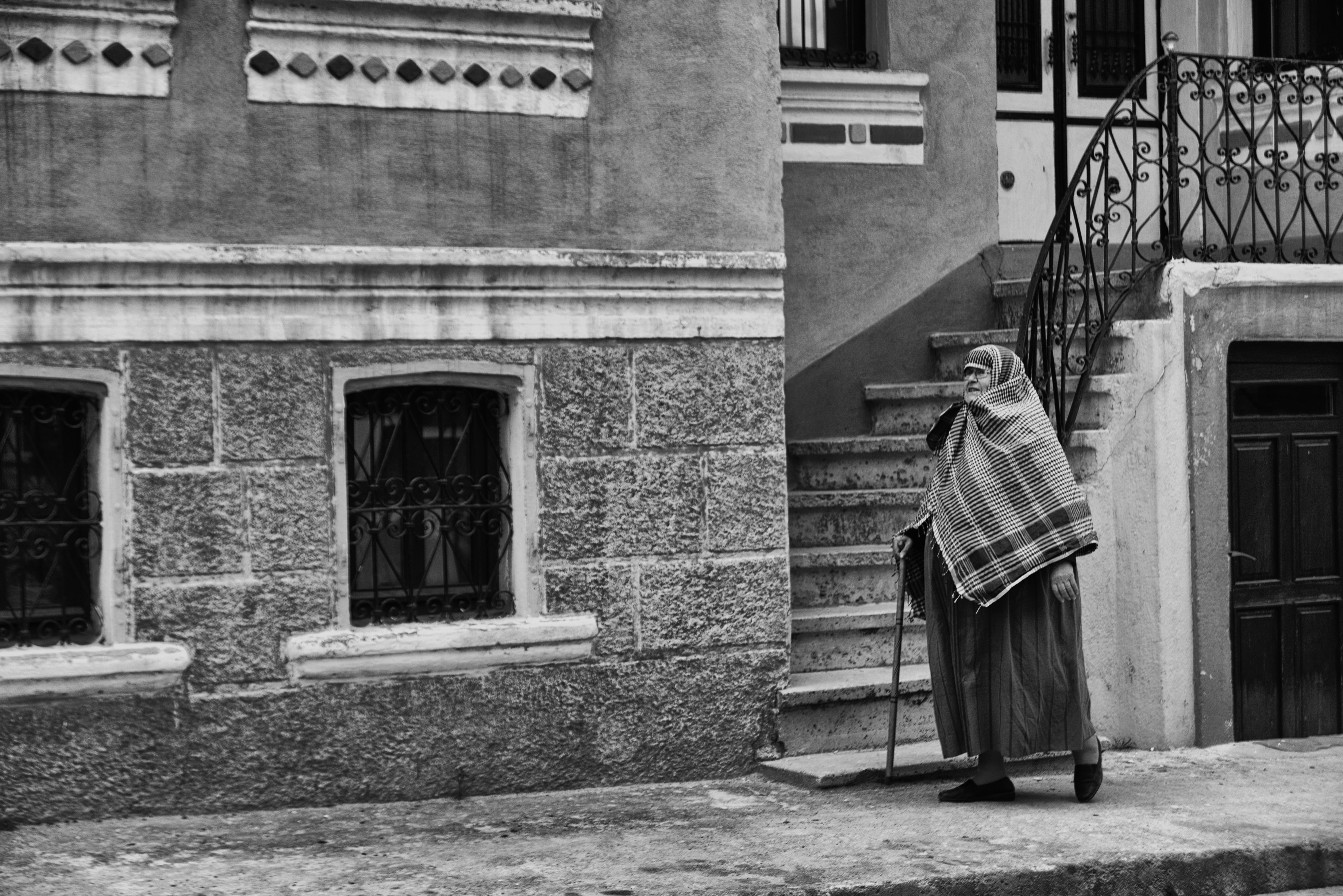 person, day, town, building, old, walking, pavement, lifestyles, city, travel, facade, real people, daylight, elderly, street, stairs, 5K, built structure, HD Wallpaper