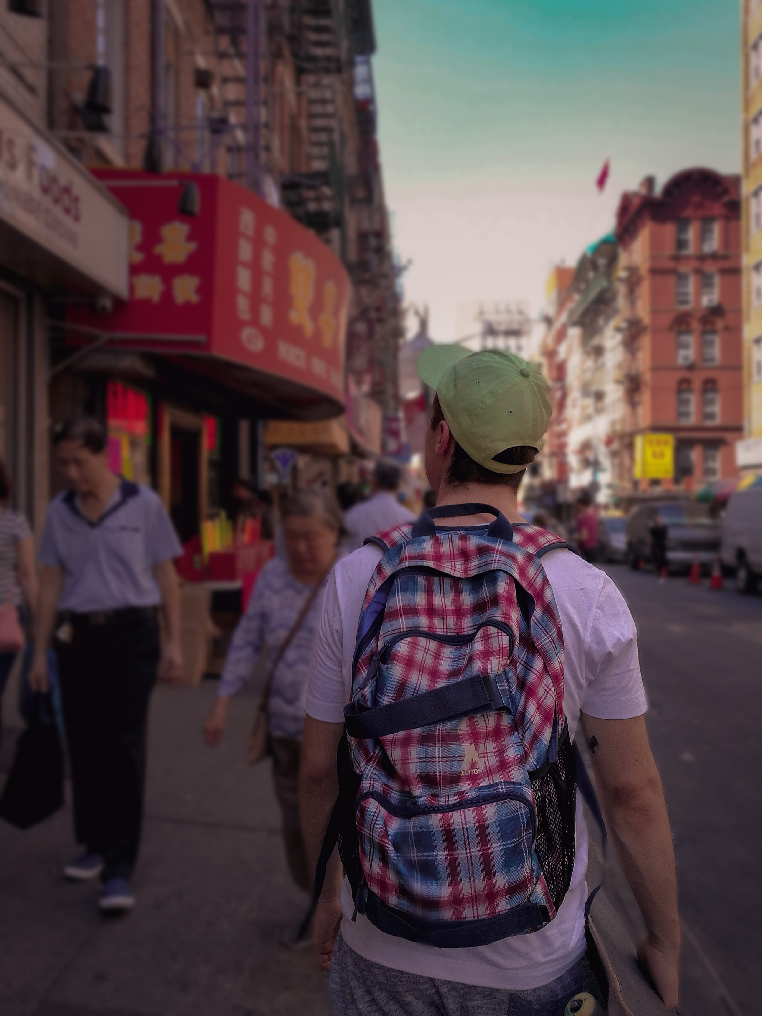 back view, urban, people, standing, male, travel, stores, architecture, text, focus on foreground, day, downtown, casual clothing, cap, skater, blur, hat, Phone HD Wallpaper