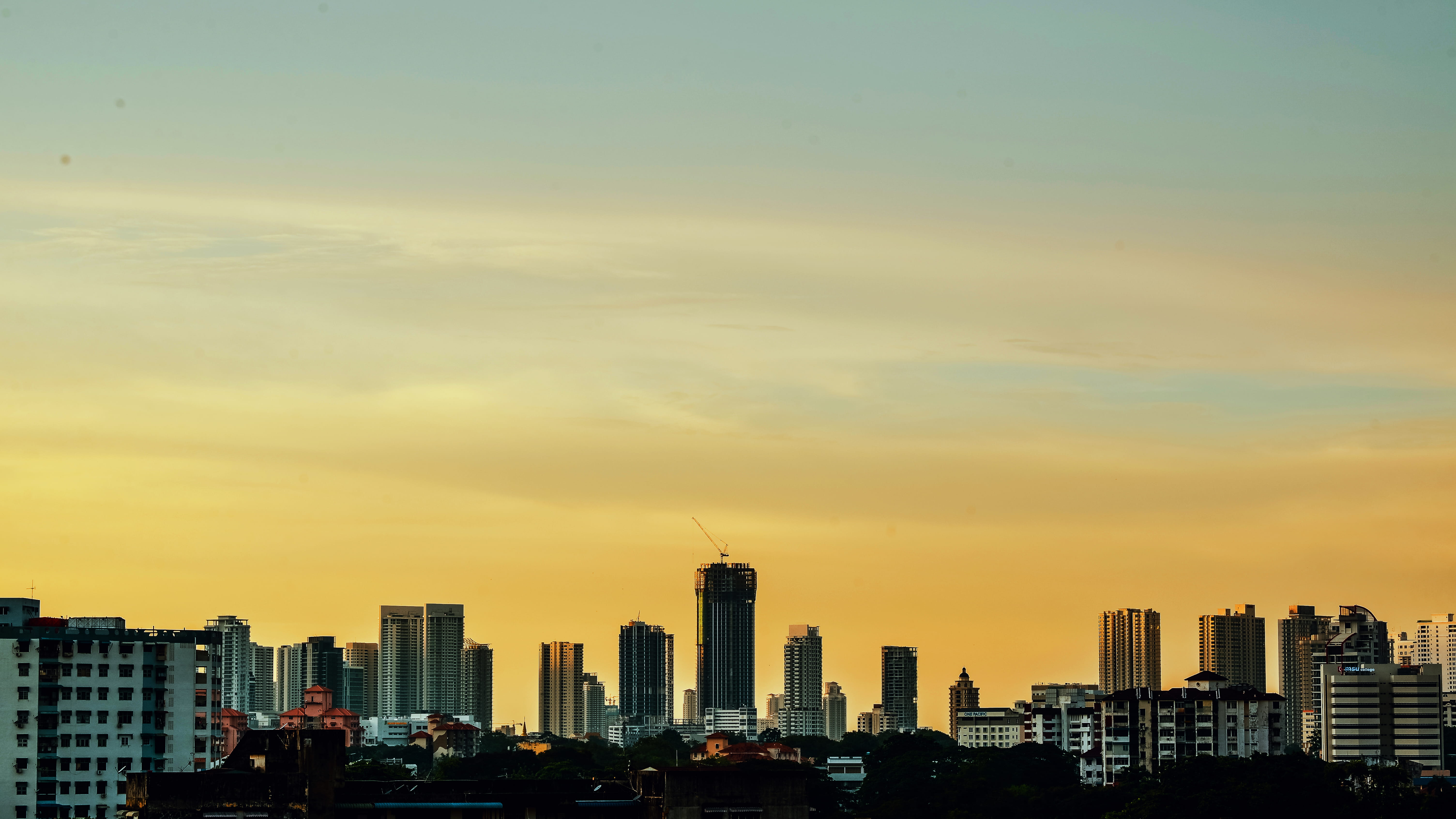 heritage, evening, cloud - sky, skyscapercity, architecture, cityscape, modern, georgetown, no people, nature, skyscaper, malaysia, orange color, office building exterior, HD Wallpaper