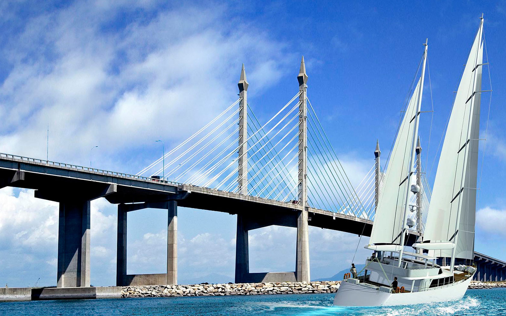 boat, grey, penang, sail, 720P, concrete, malaysia, bridge, HD Wallpaper