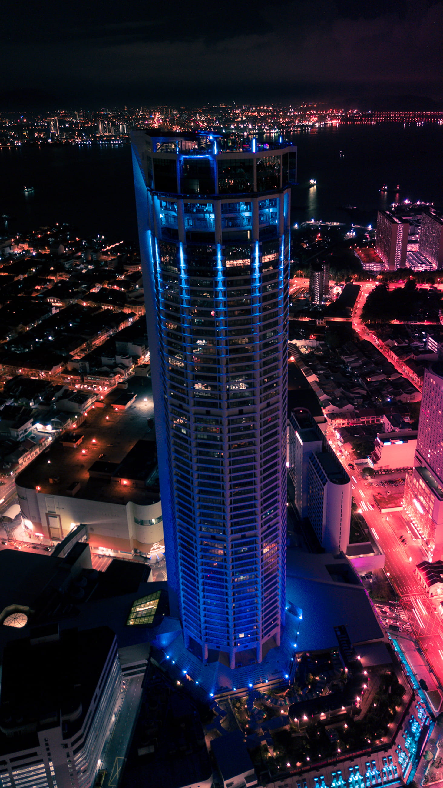 office, top view, drone, high angle view, tower, street, illuminated, architecture, financial district, skyline, downtown district, komtar, city, tourism, Phone HD Wallpaper