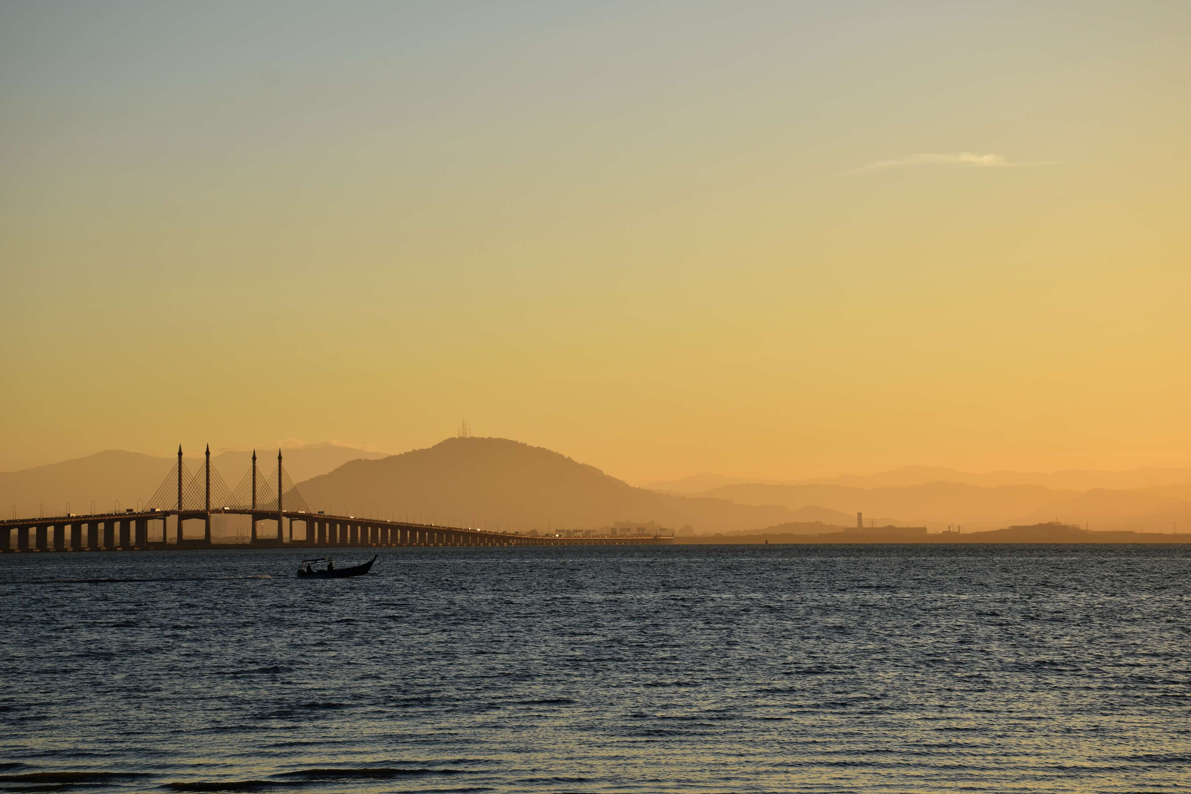nature, silhouette, sunrise, no people, sea, idyllic, 4K, orange color, penang, sunset, nautical vessel, copy space, mountain, asia, beach, tranquility, HD Wallpaper