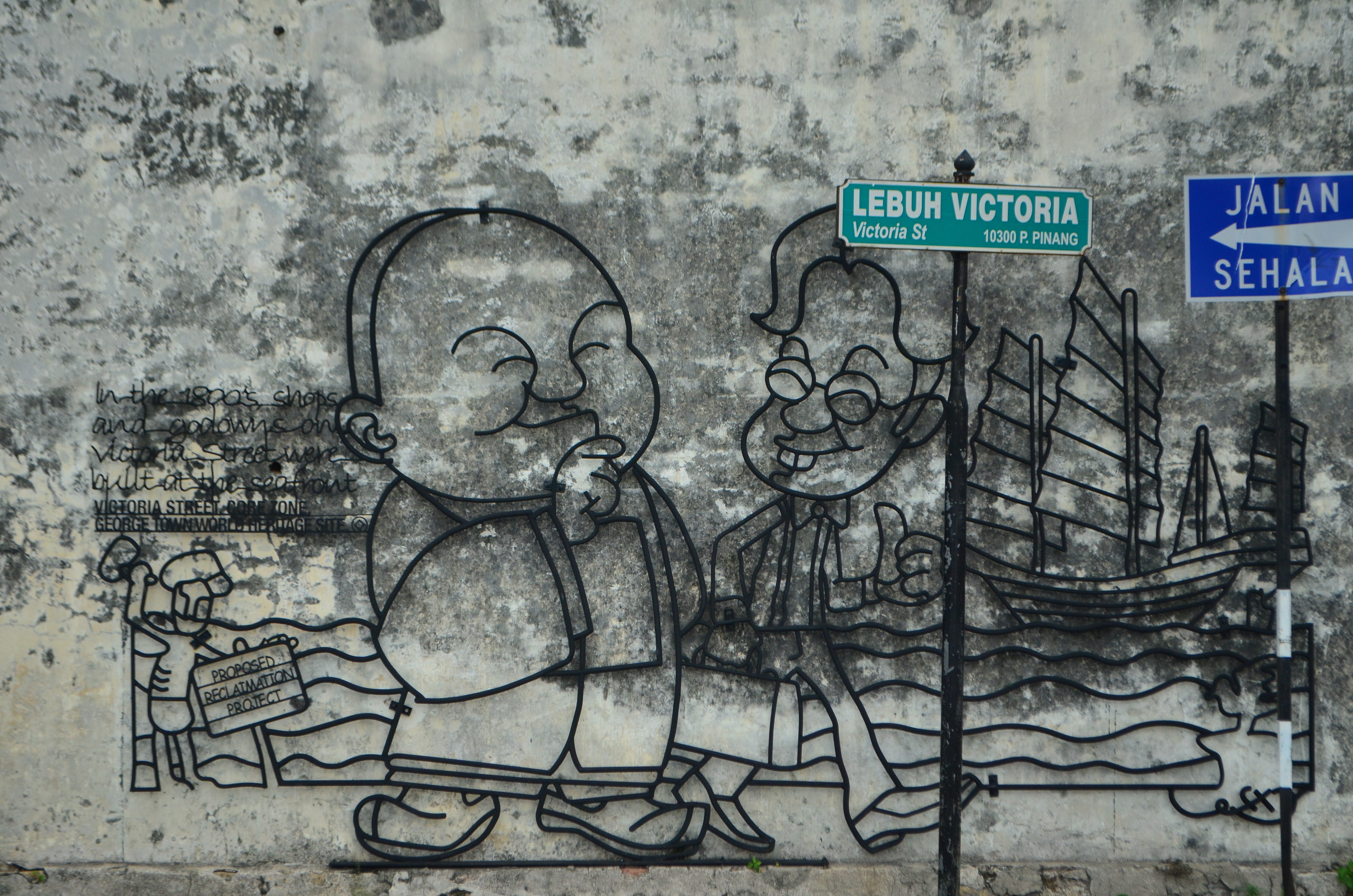 victoria street, outdoors, art and craft, doodle, graffiti, representation, western script, sketch, caricature, steel sculpture, standing, 4K, man, george town, HD Wallpaper