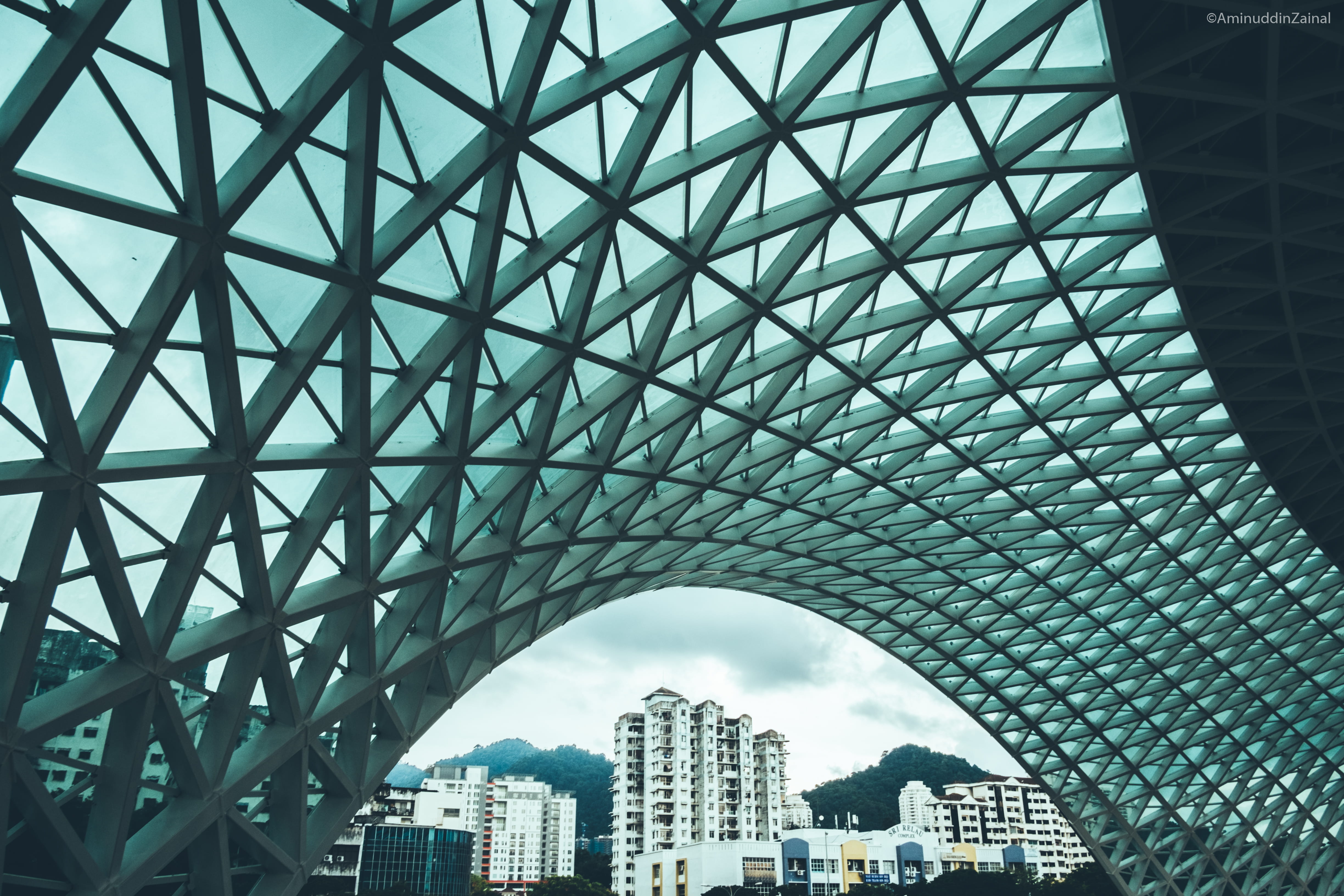 city, sky, setia spice canopy, arch bridge, low angle view, arch, girder, architecture, modern, financial district, skyscraper, connection, malaysia, building exterior, HD Wallpaper
