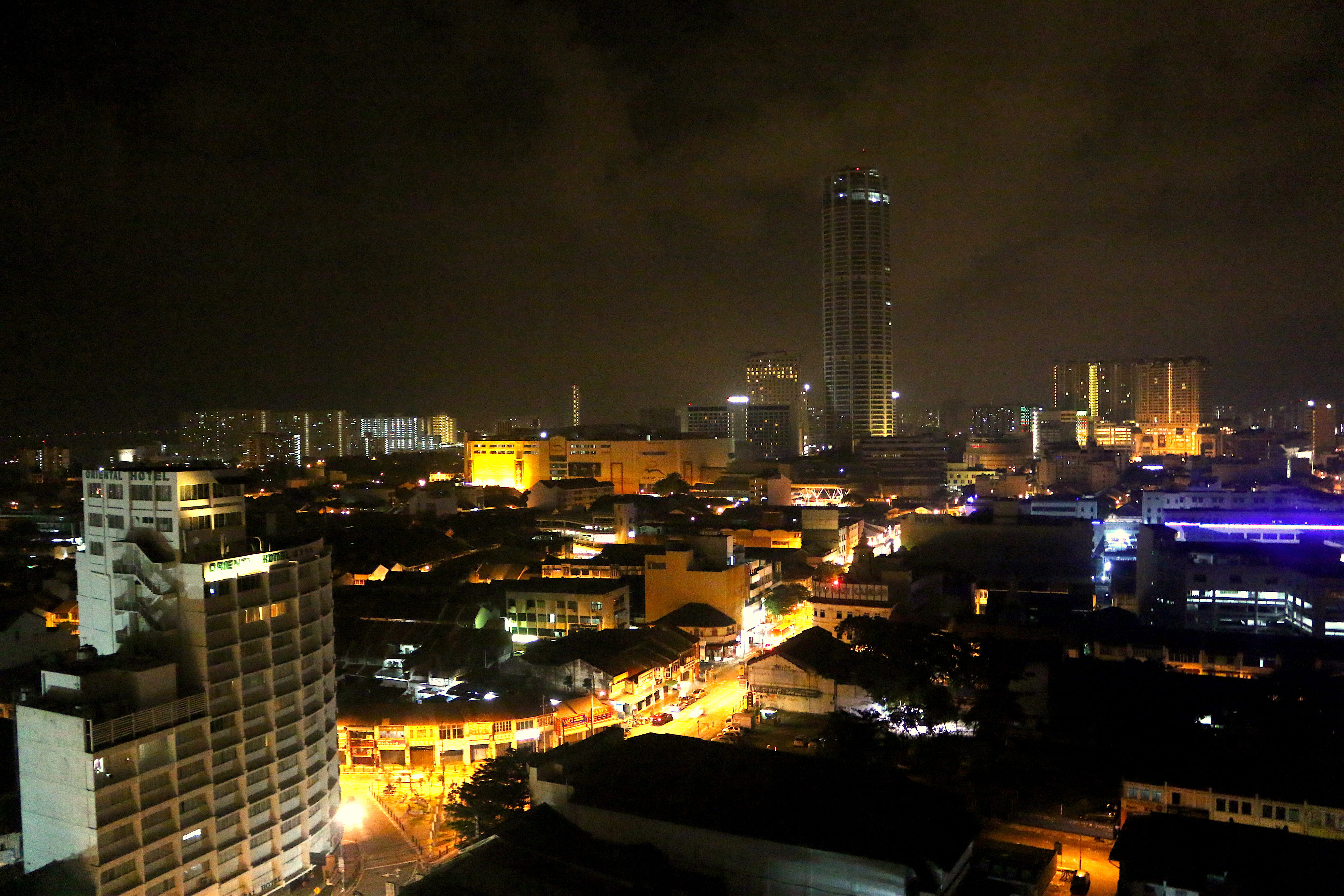 5K, modern, built structure, office, bright, illuminated, financial district, night, cityscape, penang, city life, skyline, tall - high, outdoors, no people, HD Wallpaper