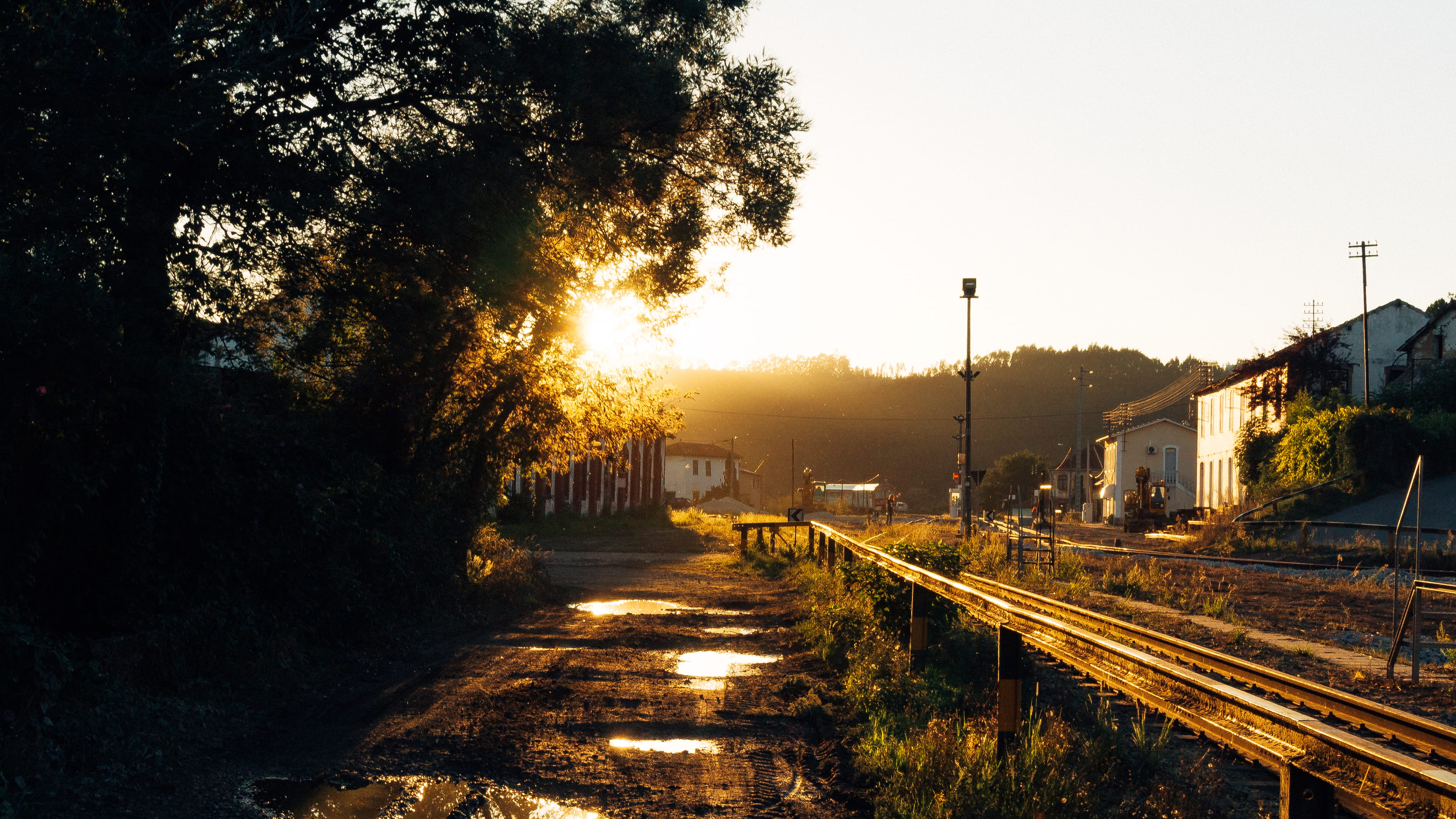 the way forward, sunlight, train, built structure, no people, architecture, railroad track, tree, rail transportation, direction, street, portugal, train station, HD Wallpaper