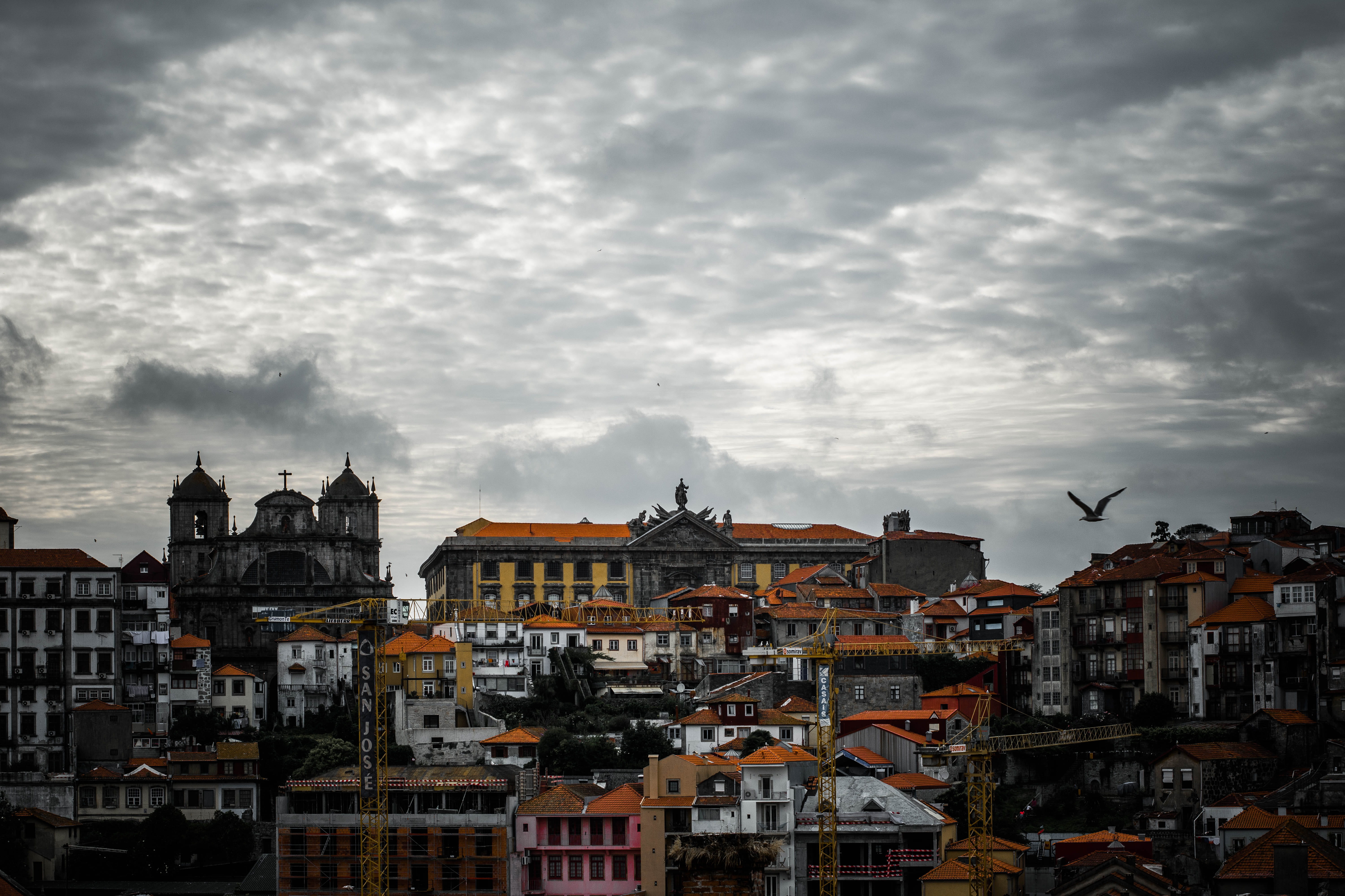 sky, church, lanscape, residential district, built structure, 5K, townscape, dusk, traveling, orange, city, building, outdoors, seagull, travel destinations, HD Wallpaper