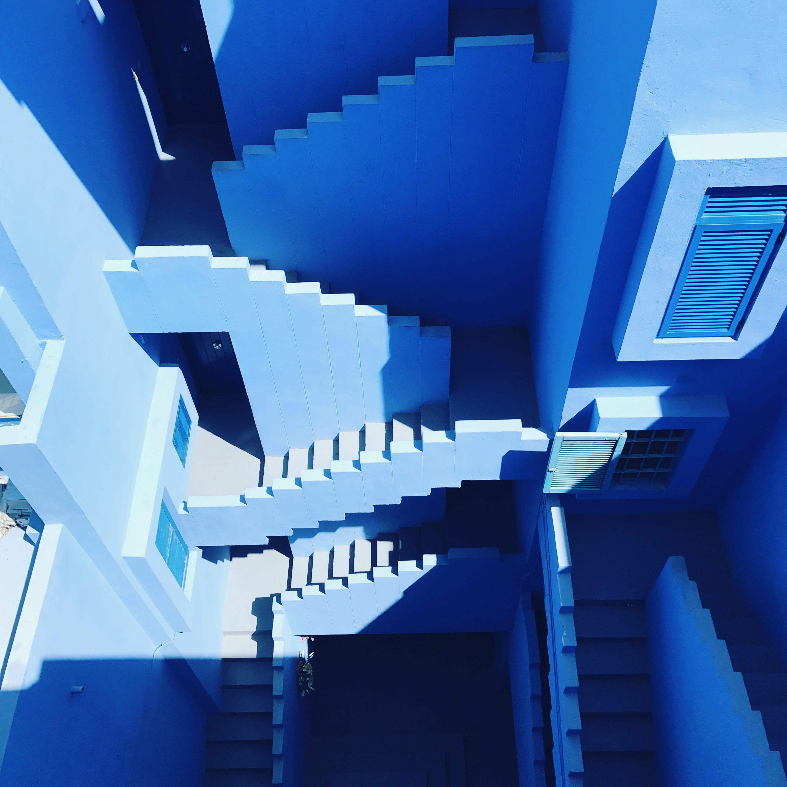 repetition, building, photography, high, building feature, design, spiral, 2K, architecure, illustration, indoors, low angle view, geometry, blue, day, Phone HD Wallpaper