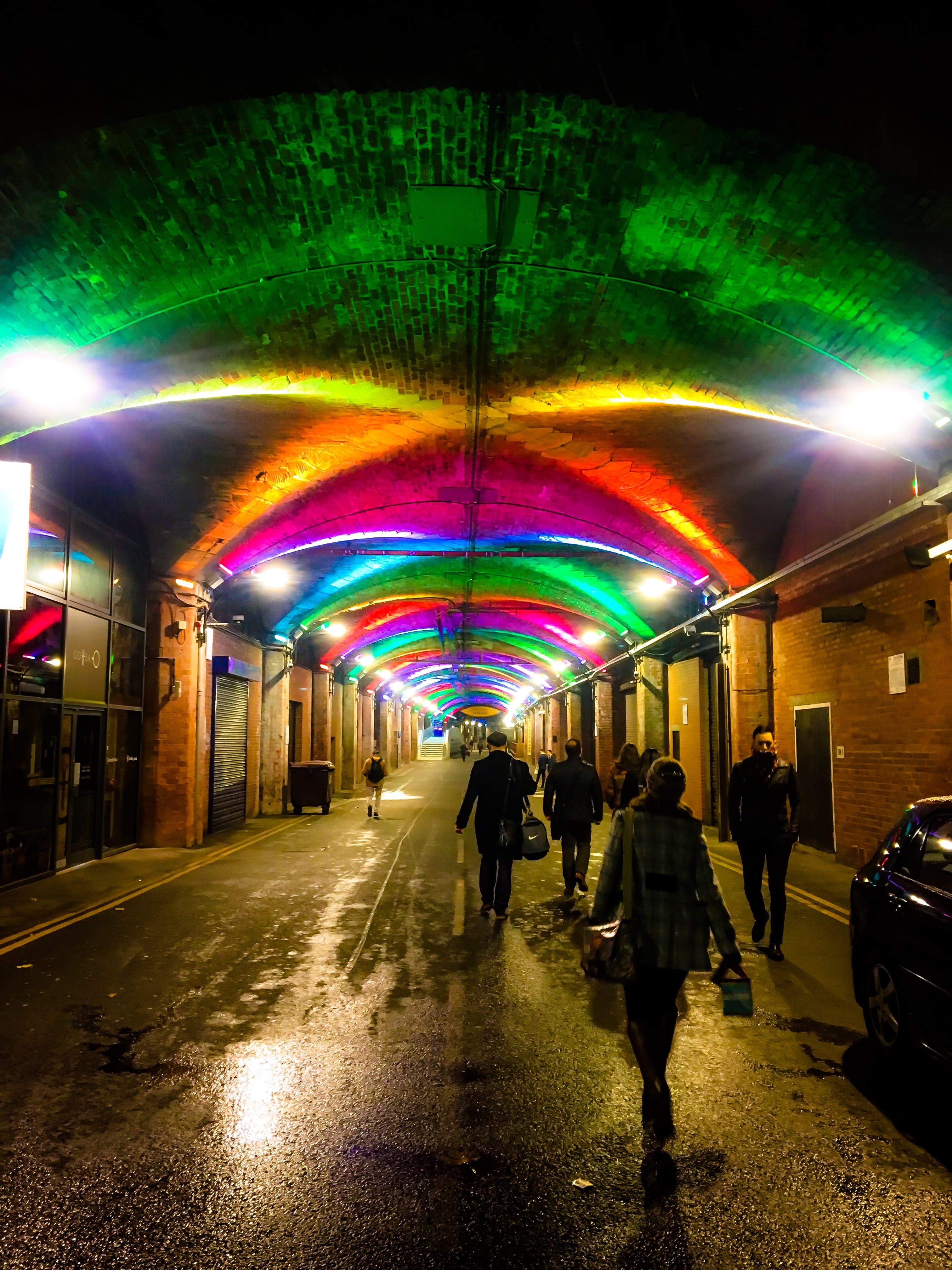 lighting equipment, human, ceiling, west yorkshire, multi colored, corridor, night, city, tunnel, automobile, wet, united kingdom, leeds, vehicle, walkway, Phone HD Wallpaper