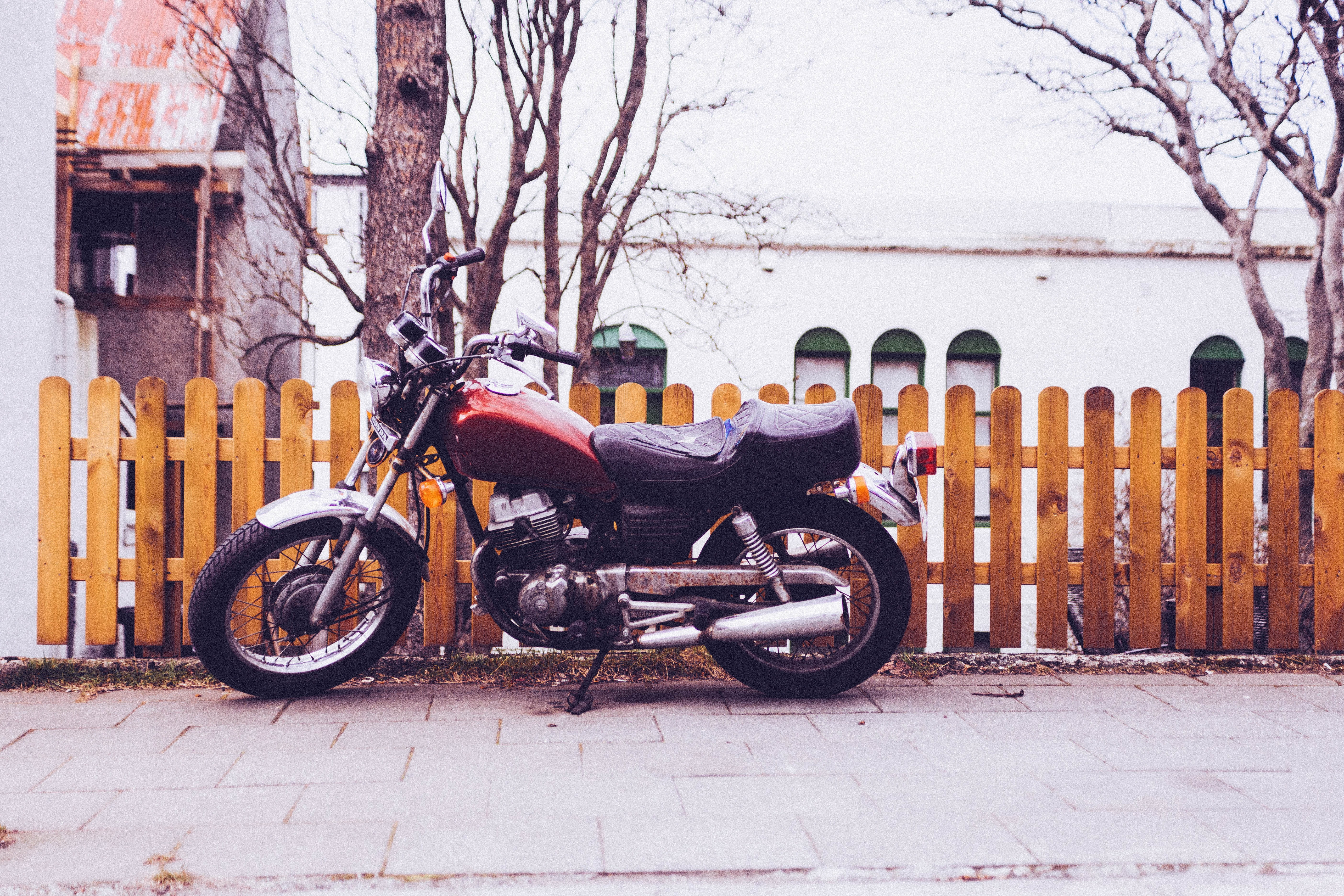 parked, Motorcycle, old-fashioned, no People, urban, railing, red, moto, outdoors, urban Scene, tree, stationary, building exterior, city, transportation, HD Wallpaper