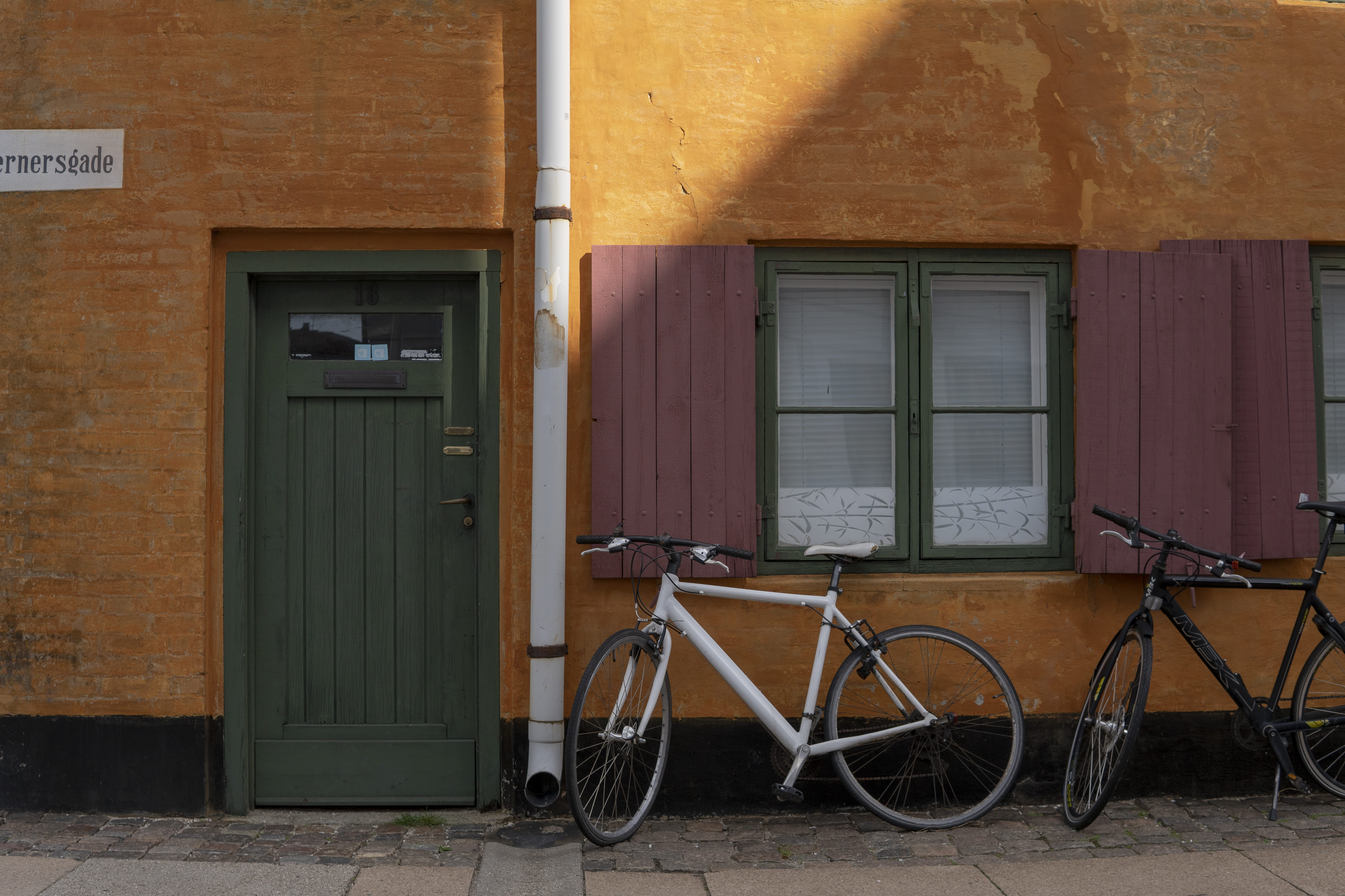 old house, bicycle parking, facade, street, entrance, building exterior, closed, 5K, house, pavement, window shutters, door, doorway, window, building, HD Wallpaper