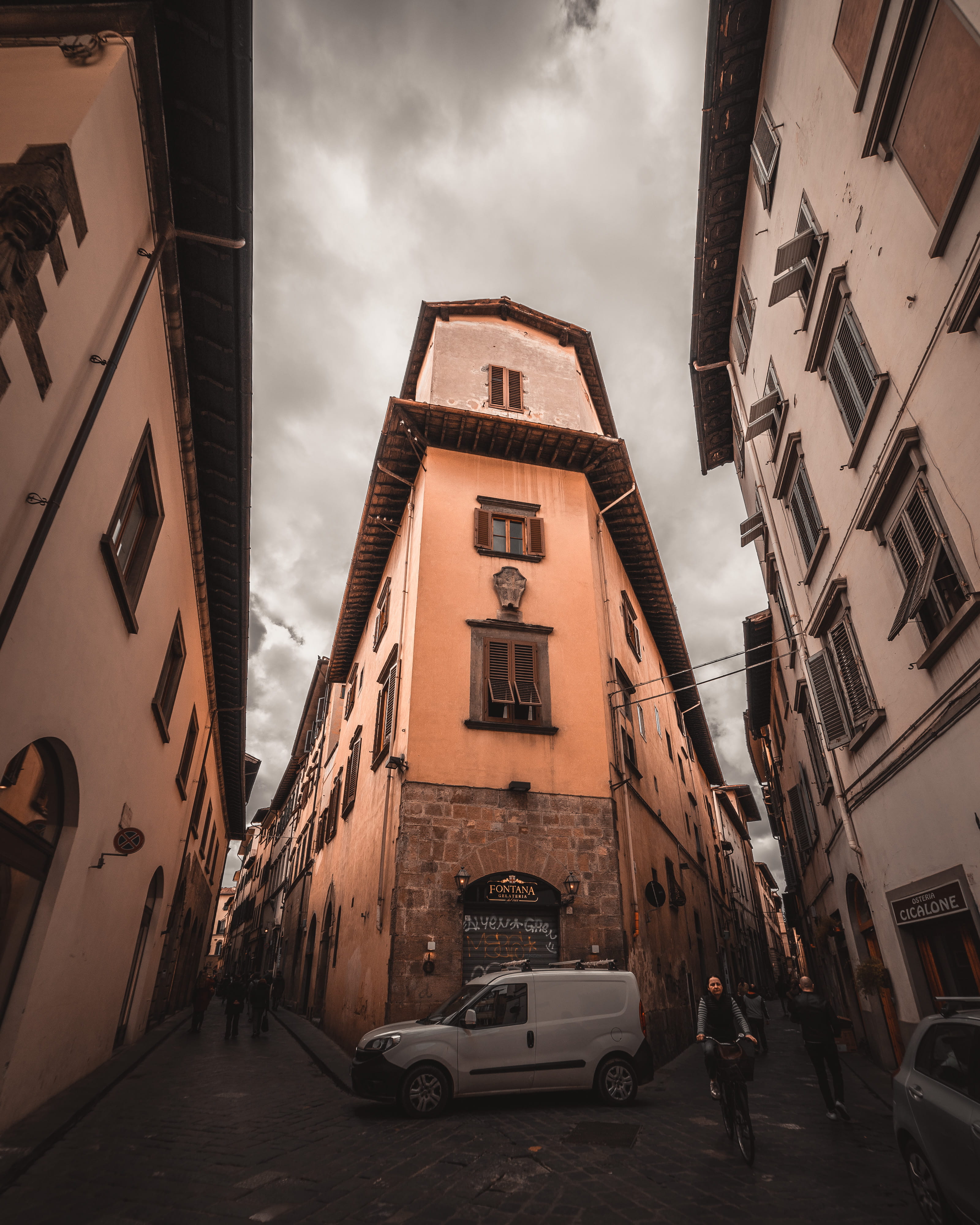 dark clouds, communication, old street, nature, bicycle, built structure, walking, florence, building exterior, land vehicle, transportation, building, Phone HD Wallpaper