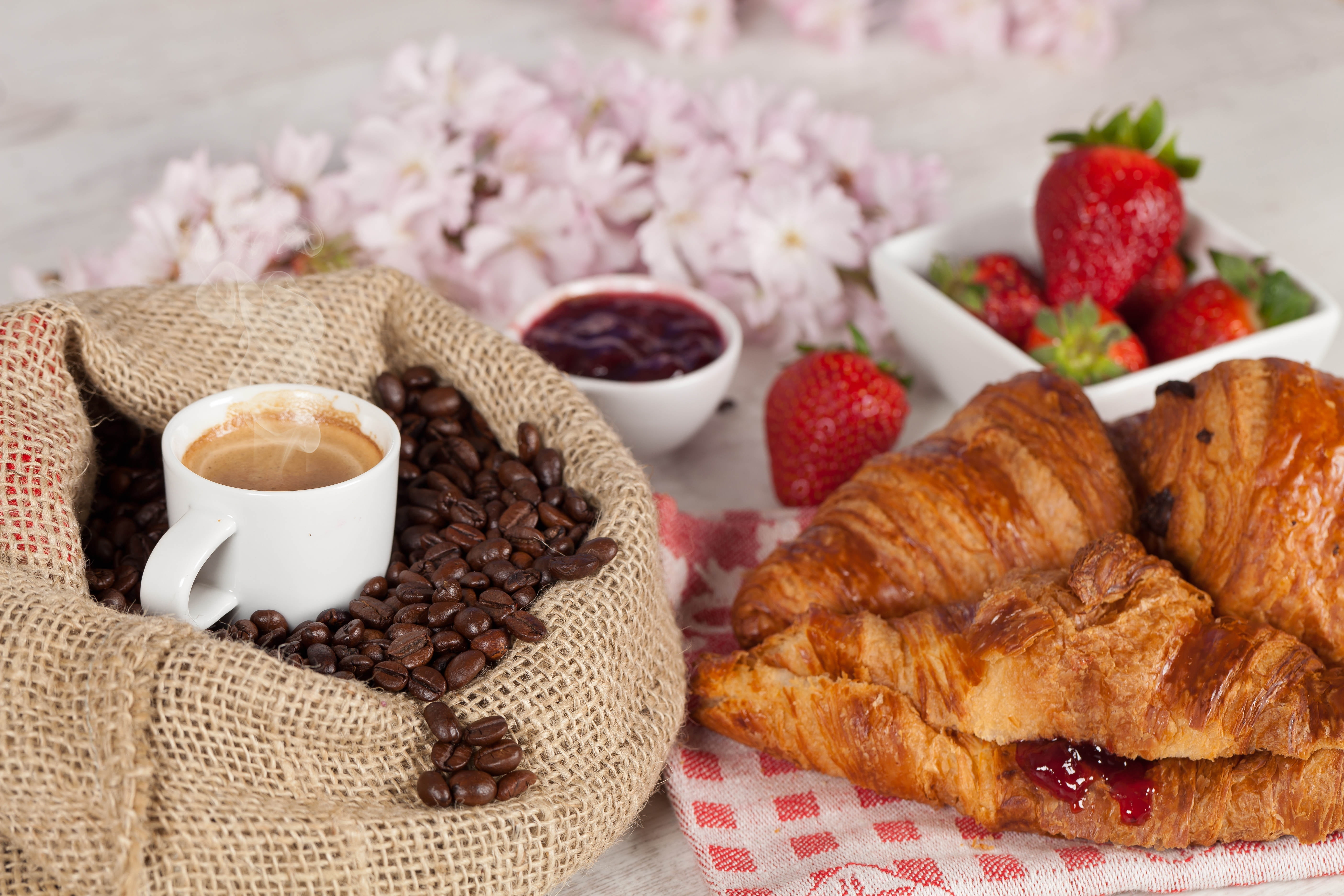 mug, breakfast, meal, cake, brown, french food, heat - Temperature, freshness, white, coffee, cafe, indoors, berry fruit, coffee Cup, bagels, cup, 5K, HD Wallpaper