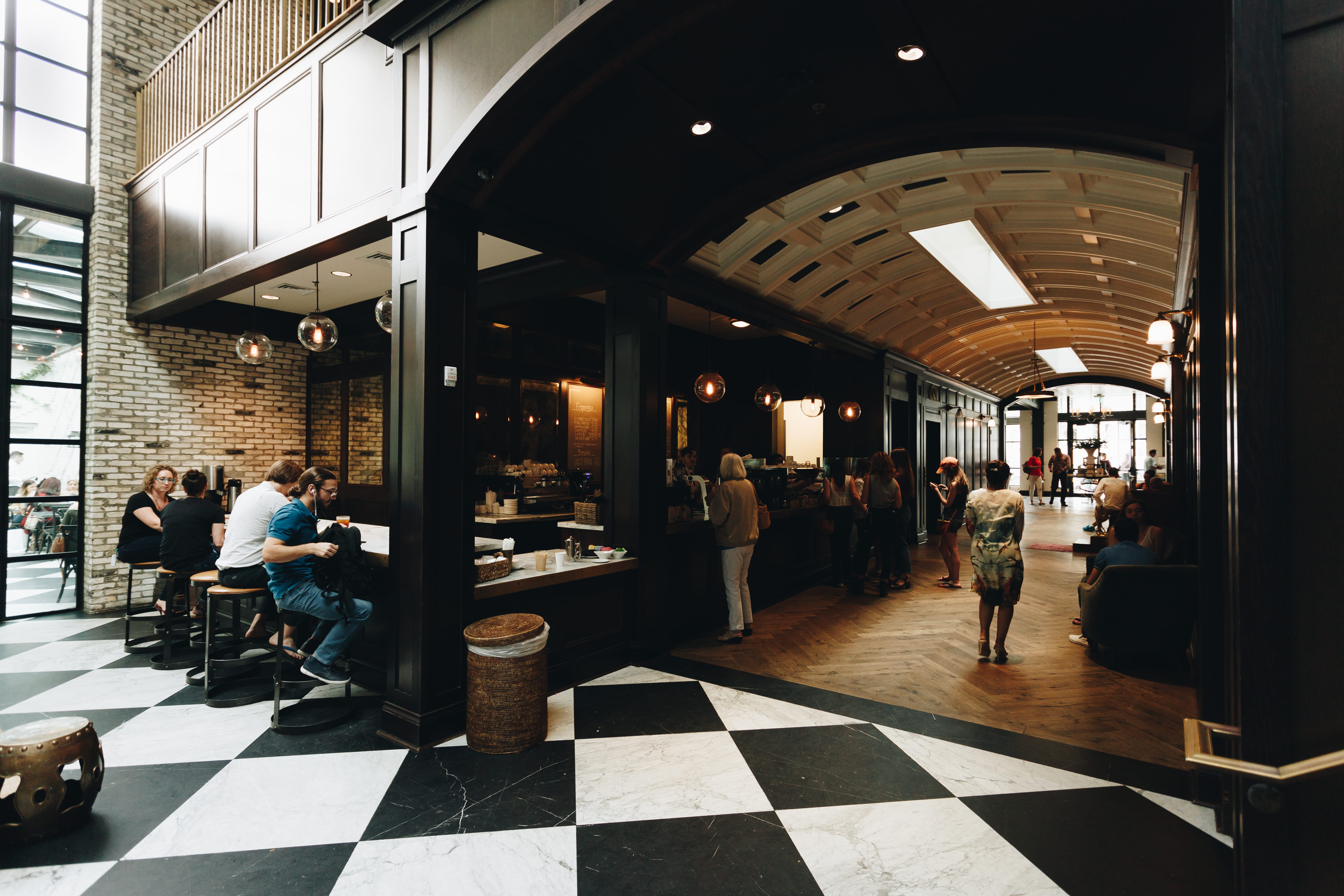 restaurant, men, tiled floor, architectural column, tile, ceiling, women, tampa, interior, indoors, walking, group of people, travel, real people, 5K, HD Wallpaper