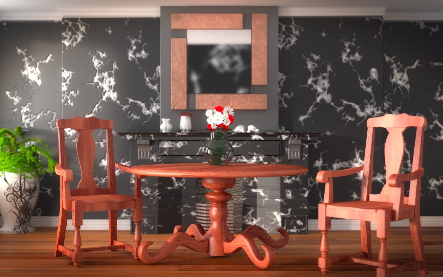 decor, armchair, home Interior, apartment, brown, design, style, fireplace, wood, 720P, bistro, flowers, nature, absence, wooden, living Room, house, furniture, HD Wallpaper