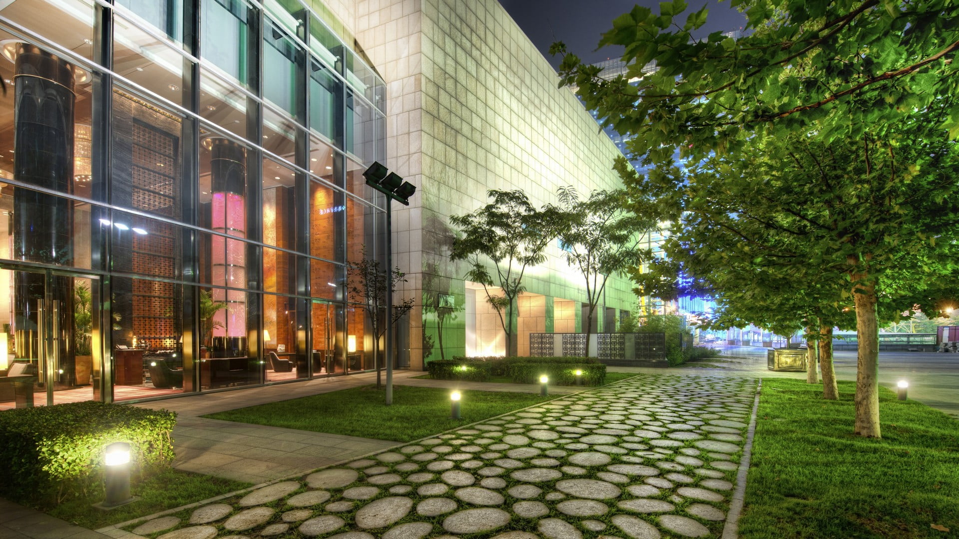 tree, HDR, plant, architecture, lighting equipment, modern, office, window, 1080P, no people, wall, nature, street, glass, built structure, illuminated, HD Wallpaper