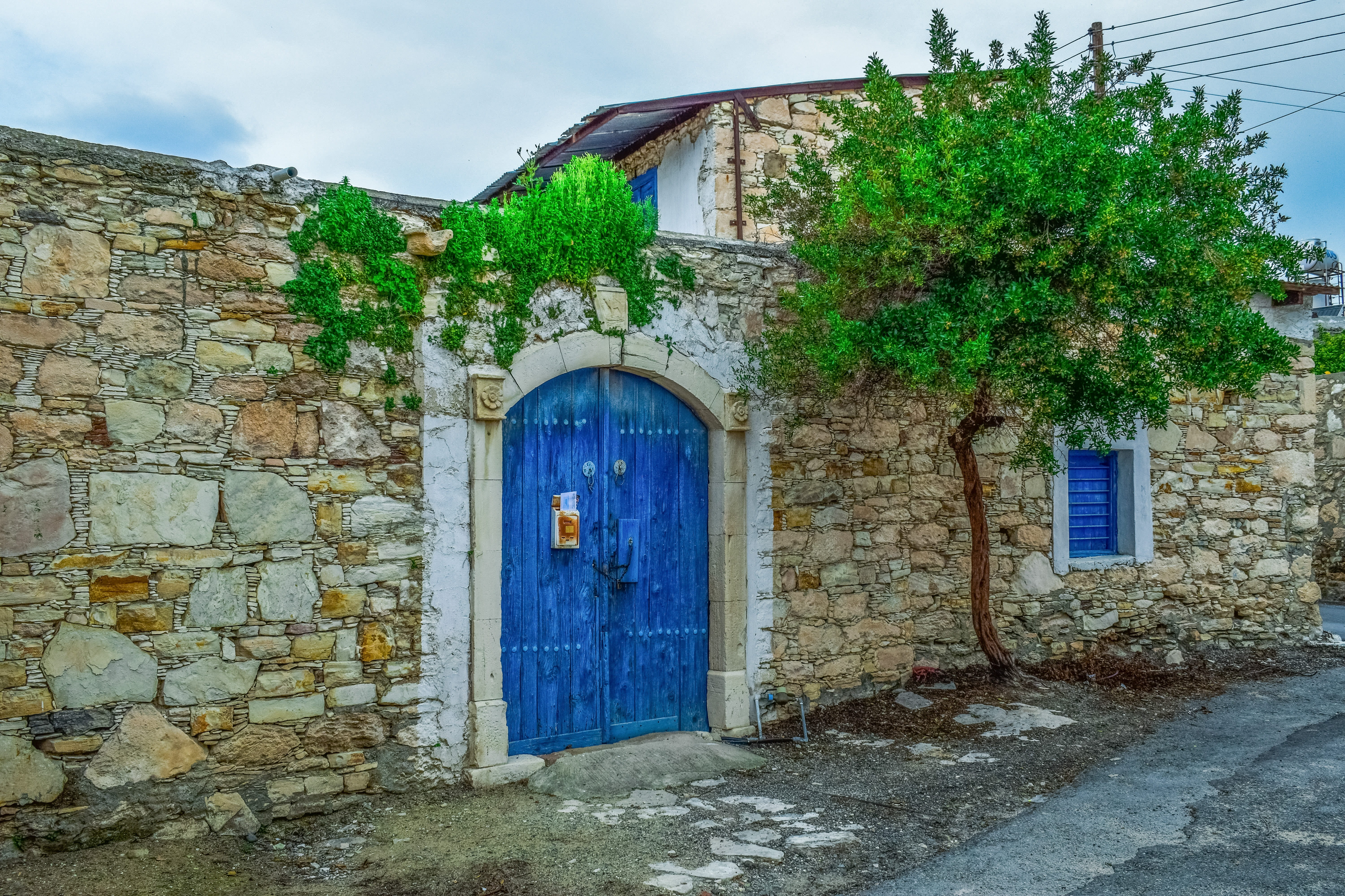wall, architecture, outdoors, wooden, street, pentakomo, closed, stone, weathered, blue, residential district, cyprus, day, old, stone wall, abandoned, HD Wallpaper