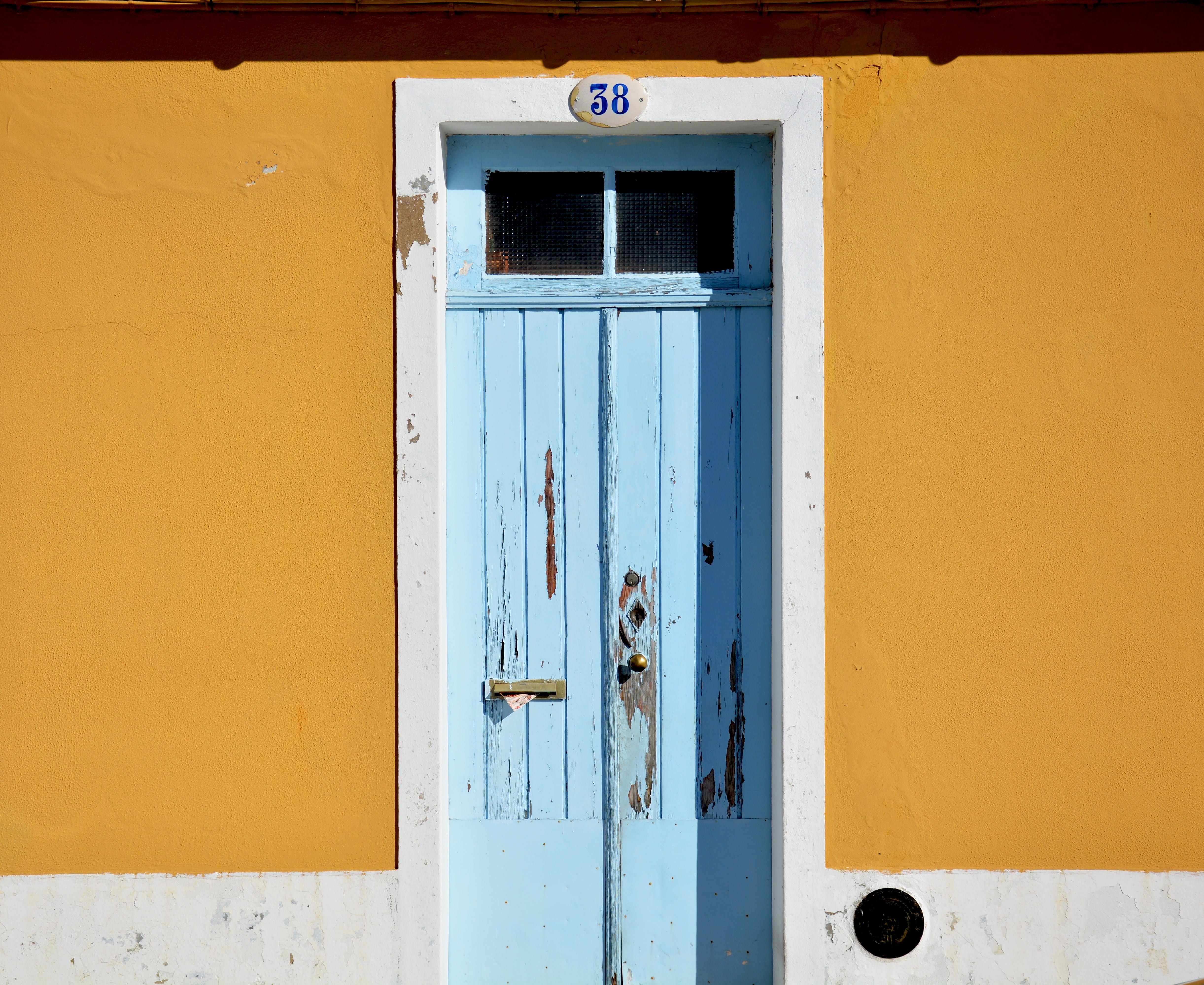 sunny, yellow, entrance, doorknob, closed, security, day, person, outdoors, showing, wood - material, doorway, blue, latch, window, retro, sunshine, door, HD Wallpaper