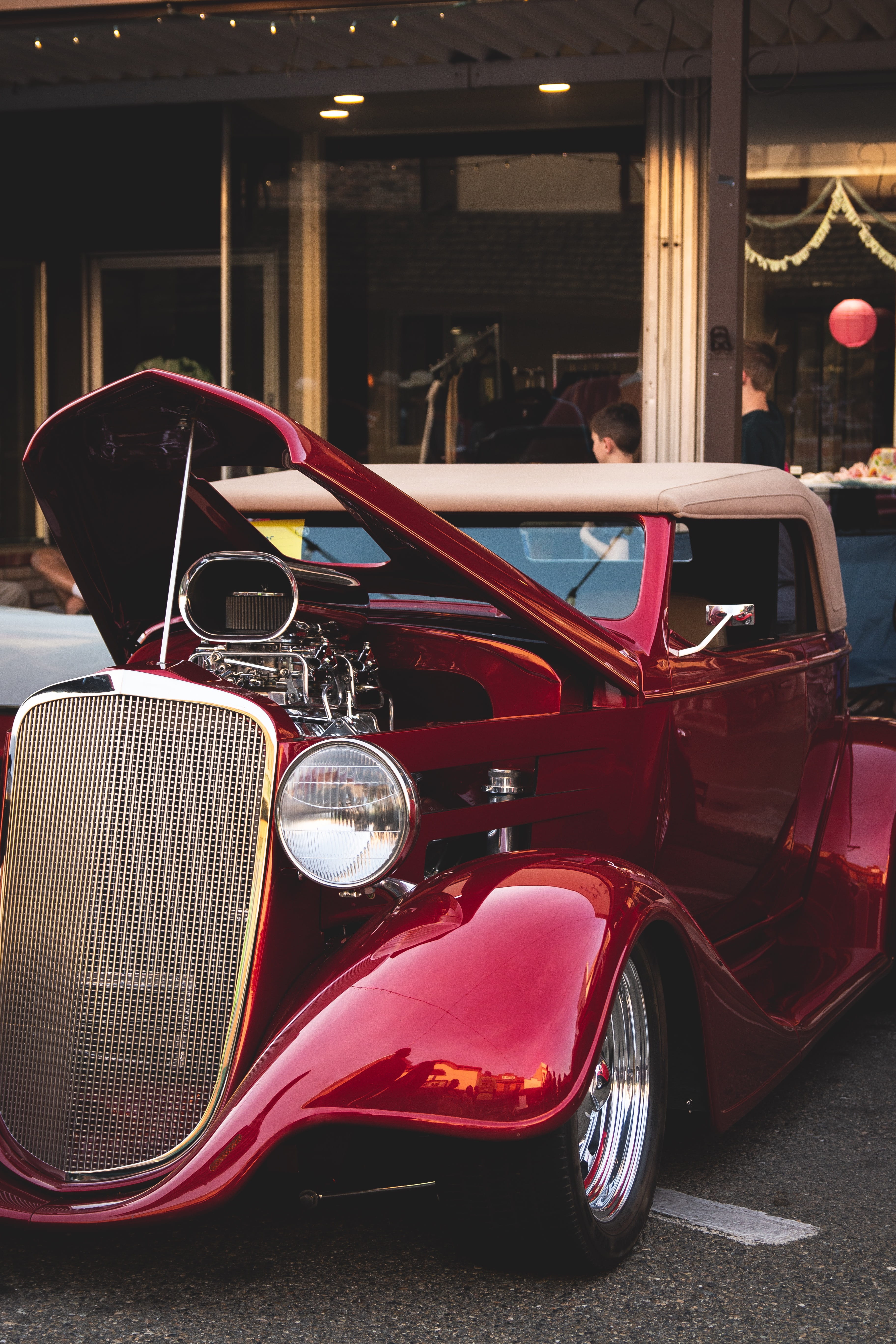 street, headlight, wheel, no people, vehicle, architecture, transportation, storefront, land vehicle, person, car show, vintage car, small town, hot rod, Phone HD Wallpaper