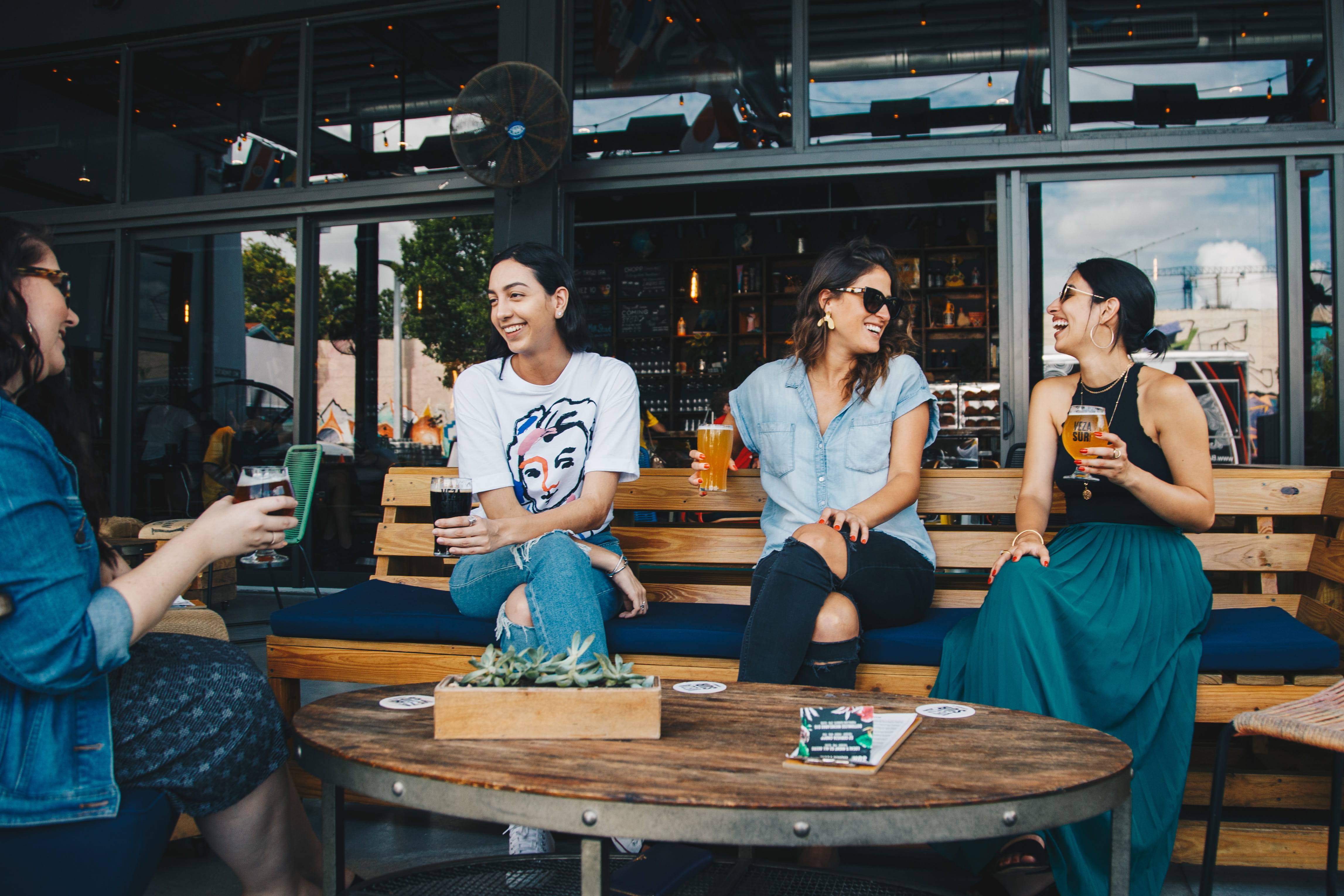 table, real people, four, storefront, laughing, drinking, casual clothing, 4K, women, friends, wear, beverages, group together, holding, drink, group of people, HD Wallpaper